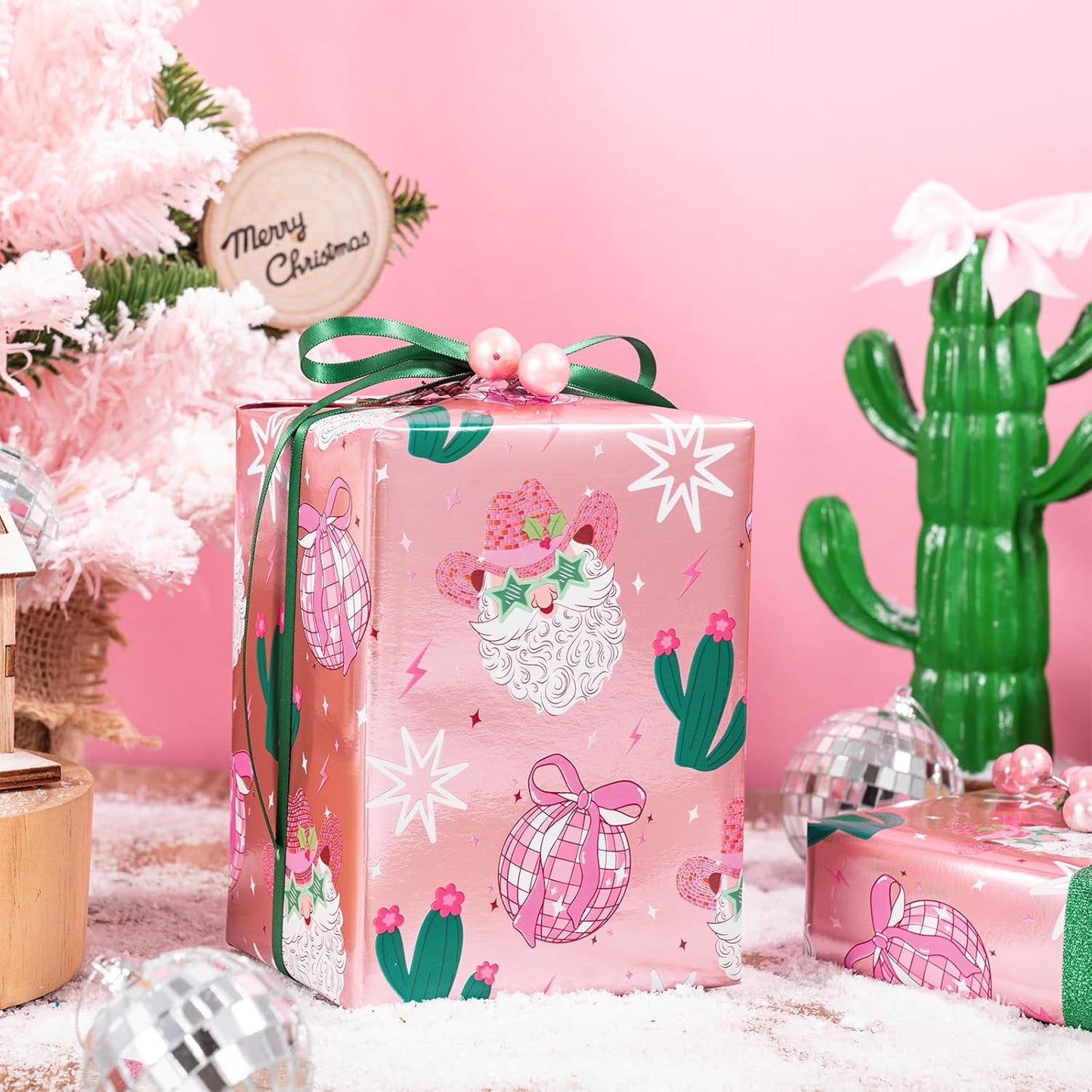 LeZakaa Pink Christmas Wrapping Paper Roll for Girls Women, Santa Disco Ball Cactus Design, Rose Gold Foil Western CowGirls Holiday Gift Wrap, Mini Roll 17 in x 16.4 Ft