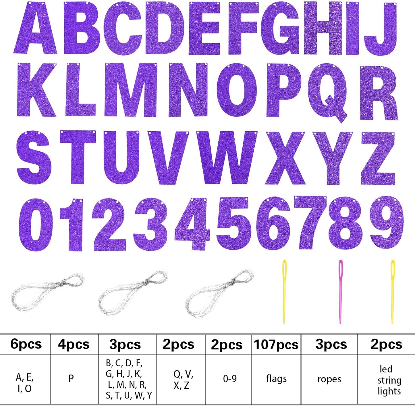 TaoBary 112 Pcs DIY Letter Custom Banner Glitter Customizable Banner Kit Including 107 Letters and Numbers 3 Rope for Valentine Birthday Party(Purple)