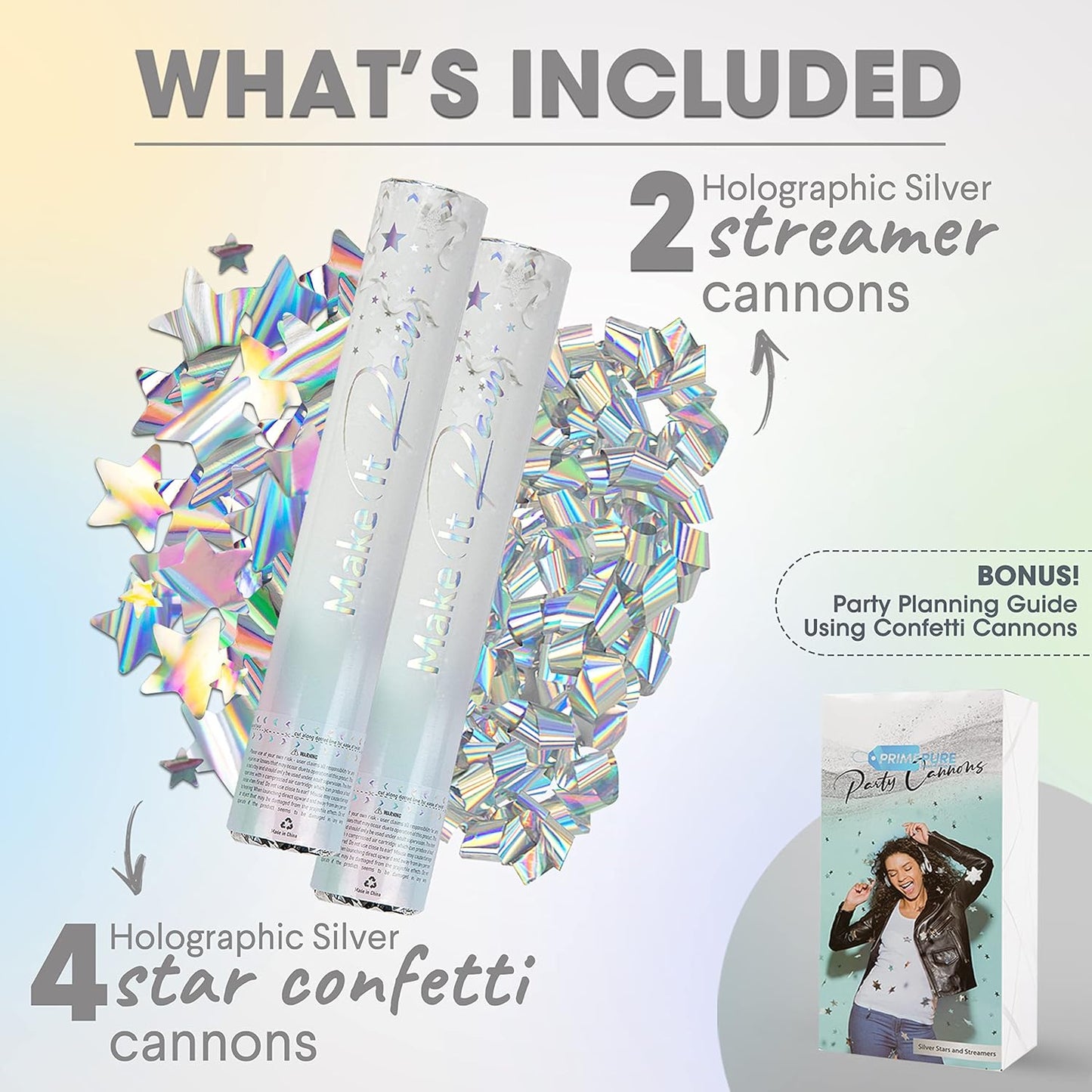 PrimePure Confetti Cannon Party Poppers - Holographic Silver Stars Confetti Popper & Streamer - 6 Pack - Easy-to-Use Party Cannon - Silver Glitter Star Pop Gun for Graduation, Wedding, Birthday, Prank