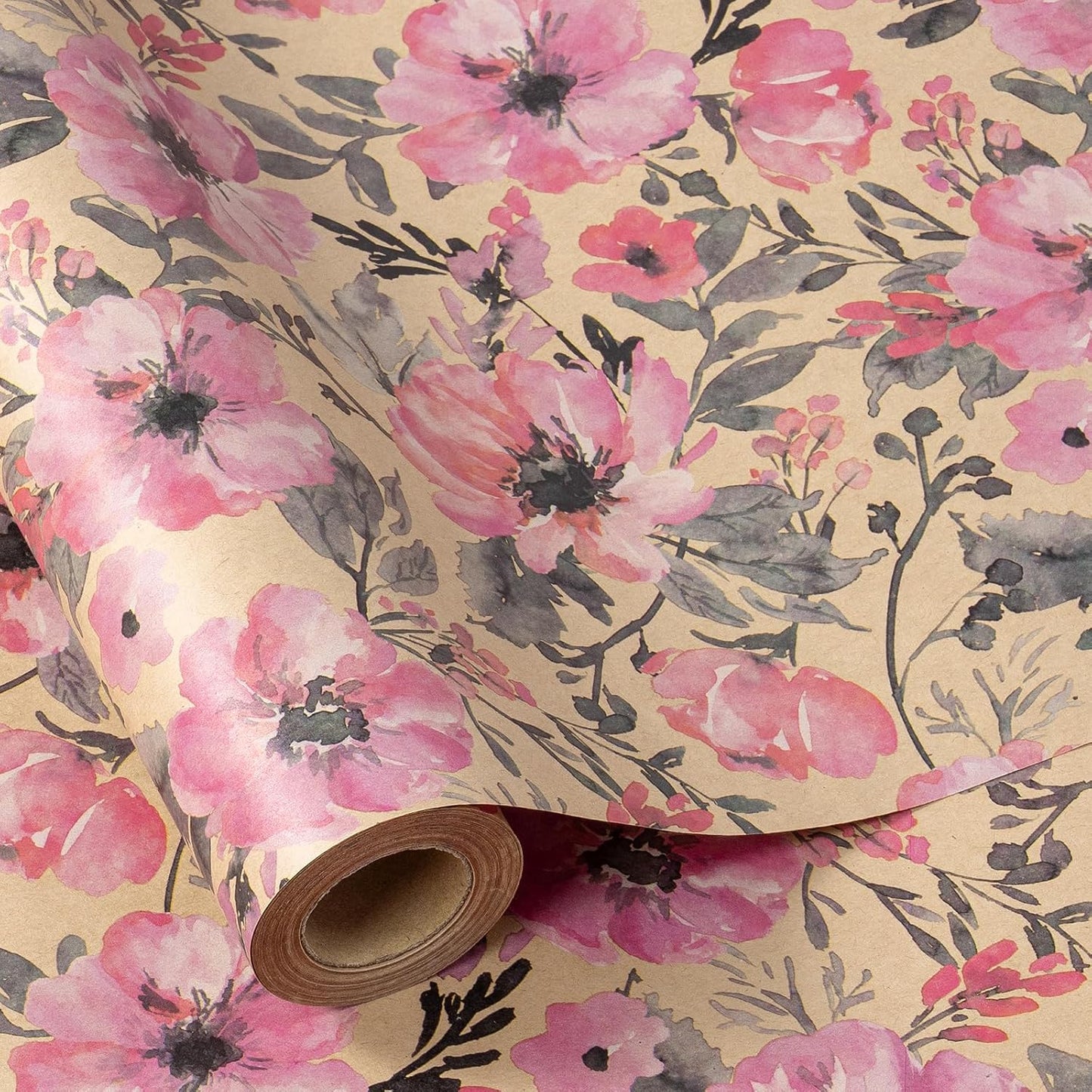 RUSPEPA Pink Wrapping Paper Roll, 17 in x 16.4 ft, Mini Roll, Floral Wrapping Paper, Kraft Gift Flower Paper for Women, Girls, Spring, Summer, Wedding and Engagement