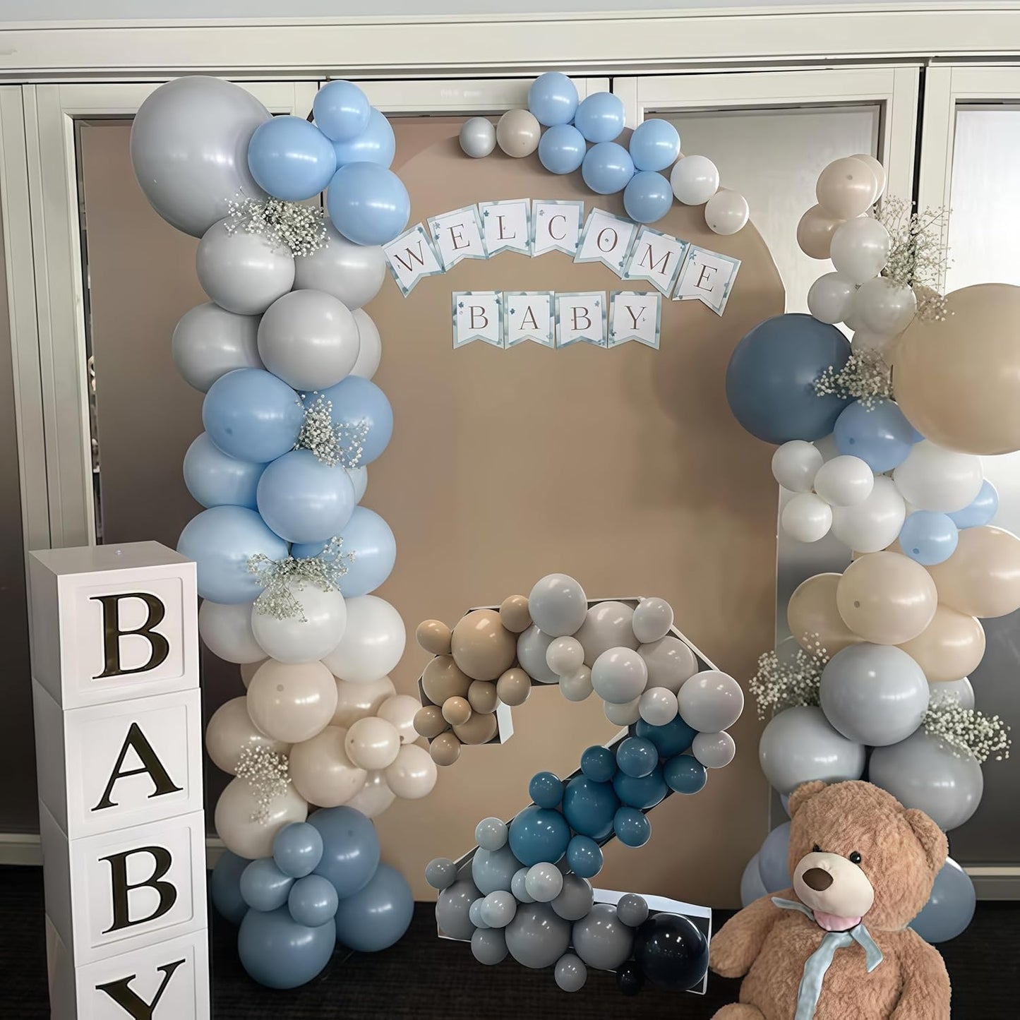 Dusty Blue Balloon Arch Kit 139Pcs Slate Blue Grey Balloons Garland Neutral Boho Retro Fog Gray Apricot Beige Cream White Sand Brown Birthday Party Balloons for Boys Bear Cloud Baby Shower Decorations
