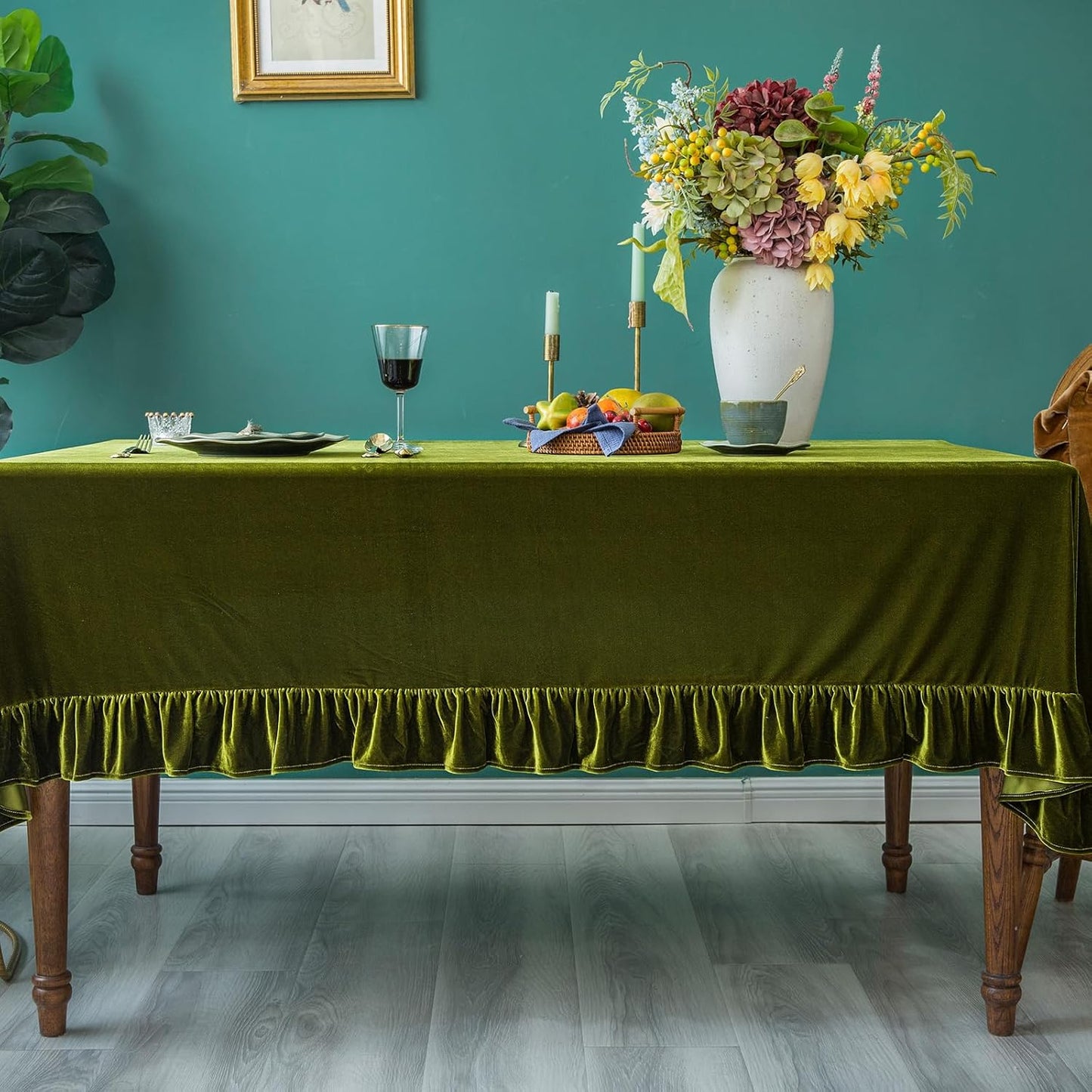 Velvet Tablecloth Luxurious Solid Rectangle Table Cloth,Oblong Retro Farmhouse Ruffle Tablecloths Washable Table Cover for Party Olive Green,52x70 Inches