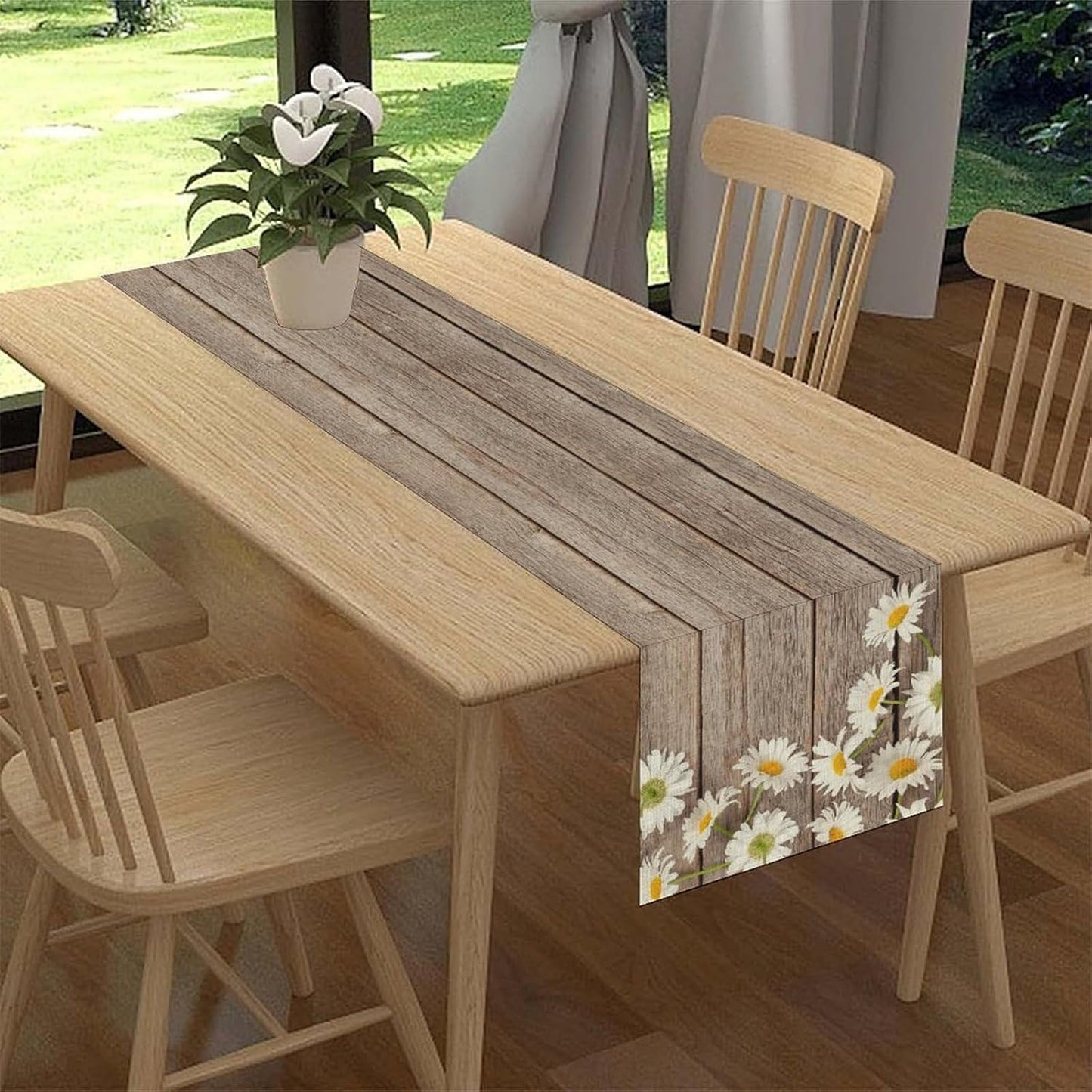 Farmhouse Table Runner, Rustic Wood Plank Spring Daisy Flower Retro Wooden Country Table Center Decor for Home Kitchen Dining Patio Holiday Party Indoor Outdoor Table Decorations, 13"x36" Inch
