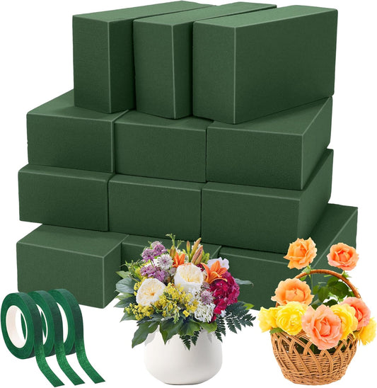Aneco 12 Pieces Floral Foam Blocks with 3 Rolls Floral Tape 5.5''L x 3.1''W x 1.8''H Green Square Flower Foams Flower Arrangements Supplies for Dry & Wet Flower Wedding Home Decor and DIY Crafts