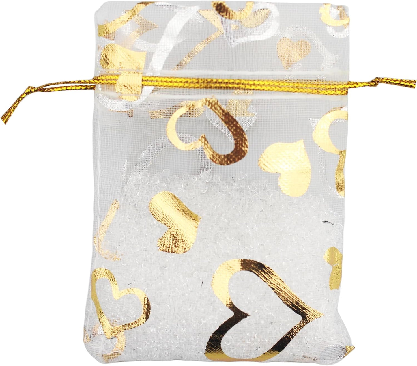 QIANHAILIZZ 100 Pack 2.8 x 3.5 Inch Flower Heart Organza Jewelry Gift Pouch Candy Pouch Drawstring Wedding Favor Bags B511S (white gold heart)