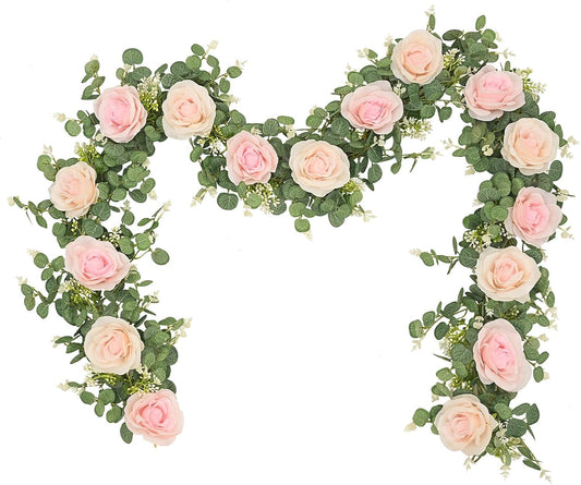 Dolicer 2Pcs 13Ft Artificial Eucalyptus Garlands with Flowers - 8 Roses, Faux Floral Greenery Garlands Fake Flowers Vines for Wedding Table Centerpieces Arch Party Ceremony Backdrop Decor (Pink)