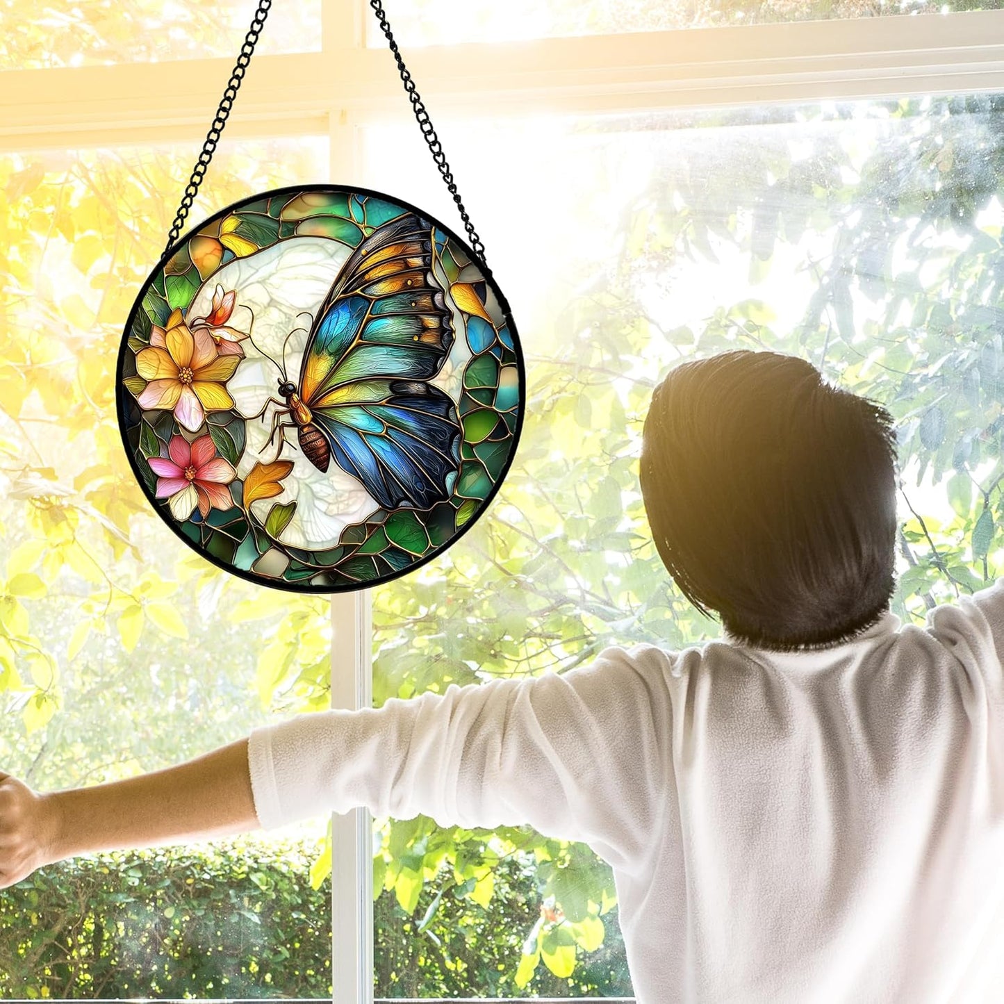 Stained Glass Window Hanging, Butterfly Flower Sun Catchers Diamond Glass Panel Hangings Insect Suncatcher Decor for Birthday for Women, Men, Wife, Aunt, and Mom 9.8 in