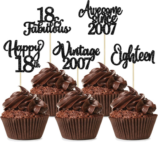 30Pcs Happy 18th Birthday Cupcake Toppers Glitter Eighteen Vintage 2007 Cupcake Picks Cheers to 18 Fabulous Cake Decorations for 18th Birthday Wedding Anniversary Party Supplies Black