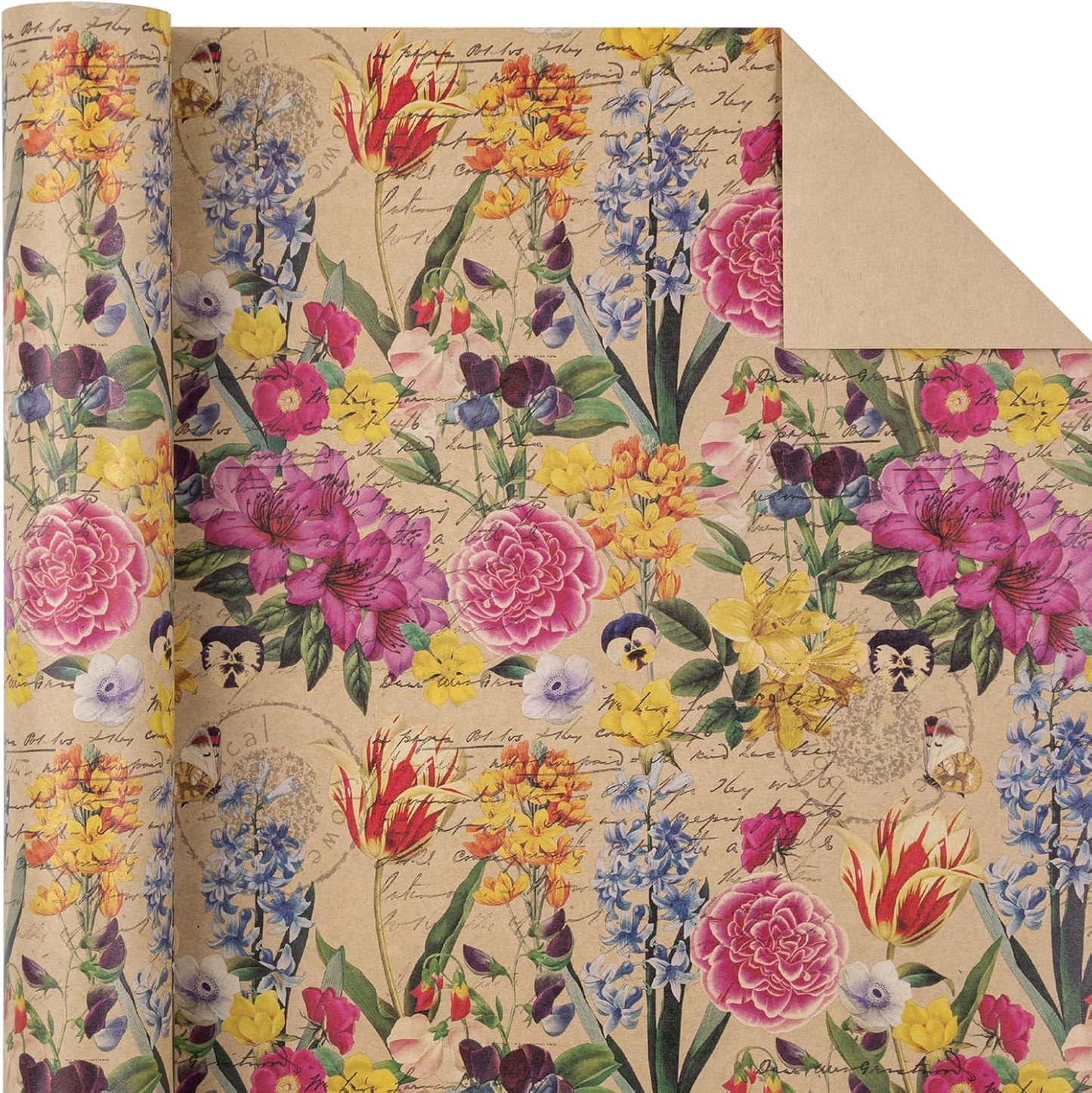 WRAPAHOLIC Kraft Floral Wrapping Paper Roll - Mini Roll - 17 Inch x 33 Feet - All Occasion Vintage Flower for Wedding Bridal Shower Birthday