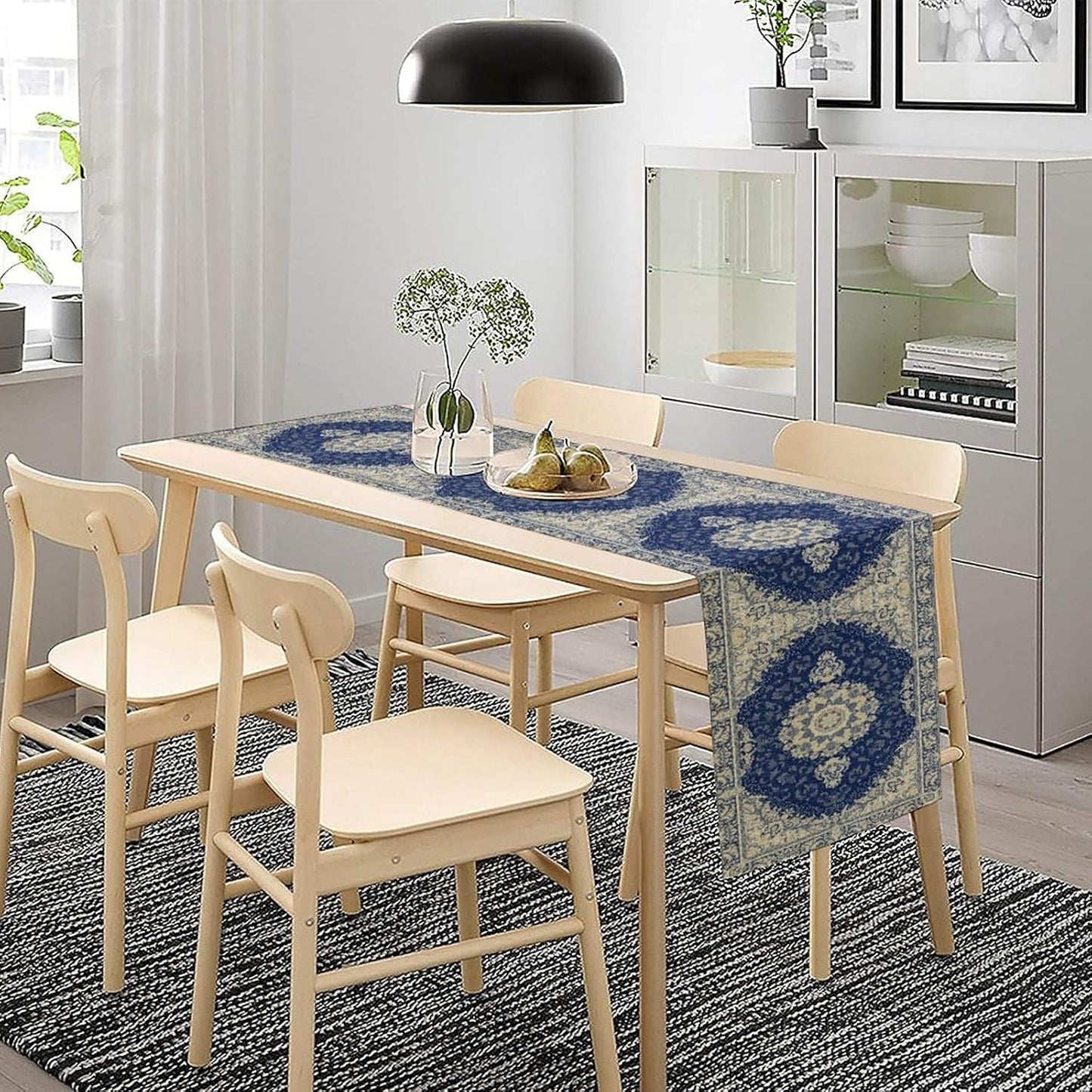 Boho Bohemia Style Dark Blue Table Runner, Country Rustic Farmhouse Magical Abstract Print Pattern for Home Kitchen Table Decor Dining Coffee Room Garden Party Decor 13x120in