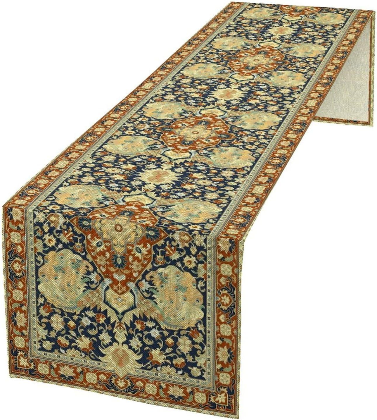 Vintage Boho Floral Table Runner, Elegant Luxurious Rustic Country Farmhouse Navy Blue Gold Retro Flower Pattern for Home Kitchen Table Decor Dining Coffee Room Party Decor 13x108in