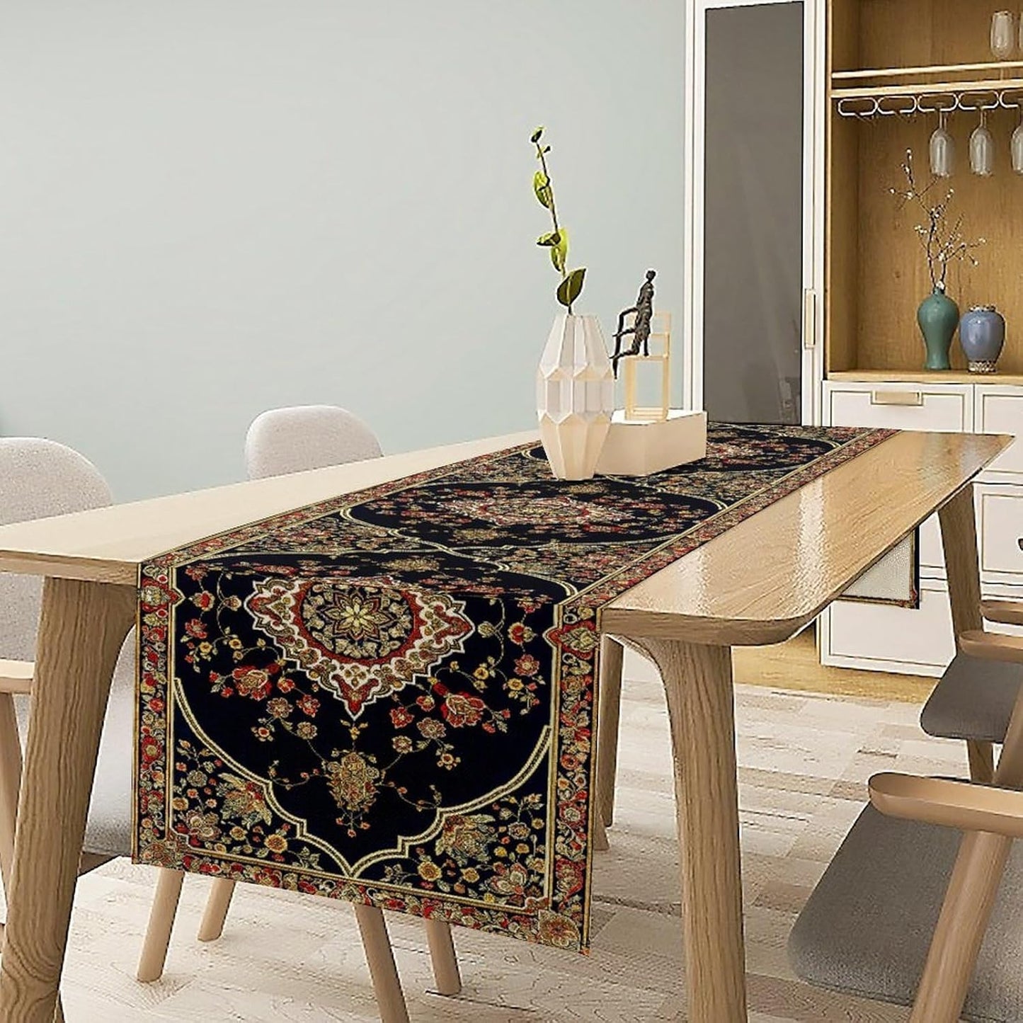 Vintage Boho Floral Table Runner, Rustic Country Farmhouse Black Bohemia Flower Pattern for Home Kitchen Table Decor Dining Cafe Room Wedding Party Decor 13x90in