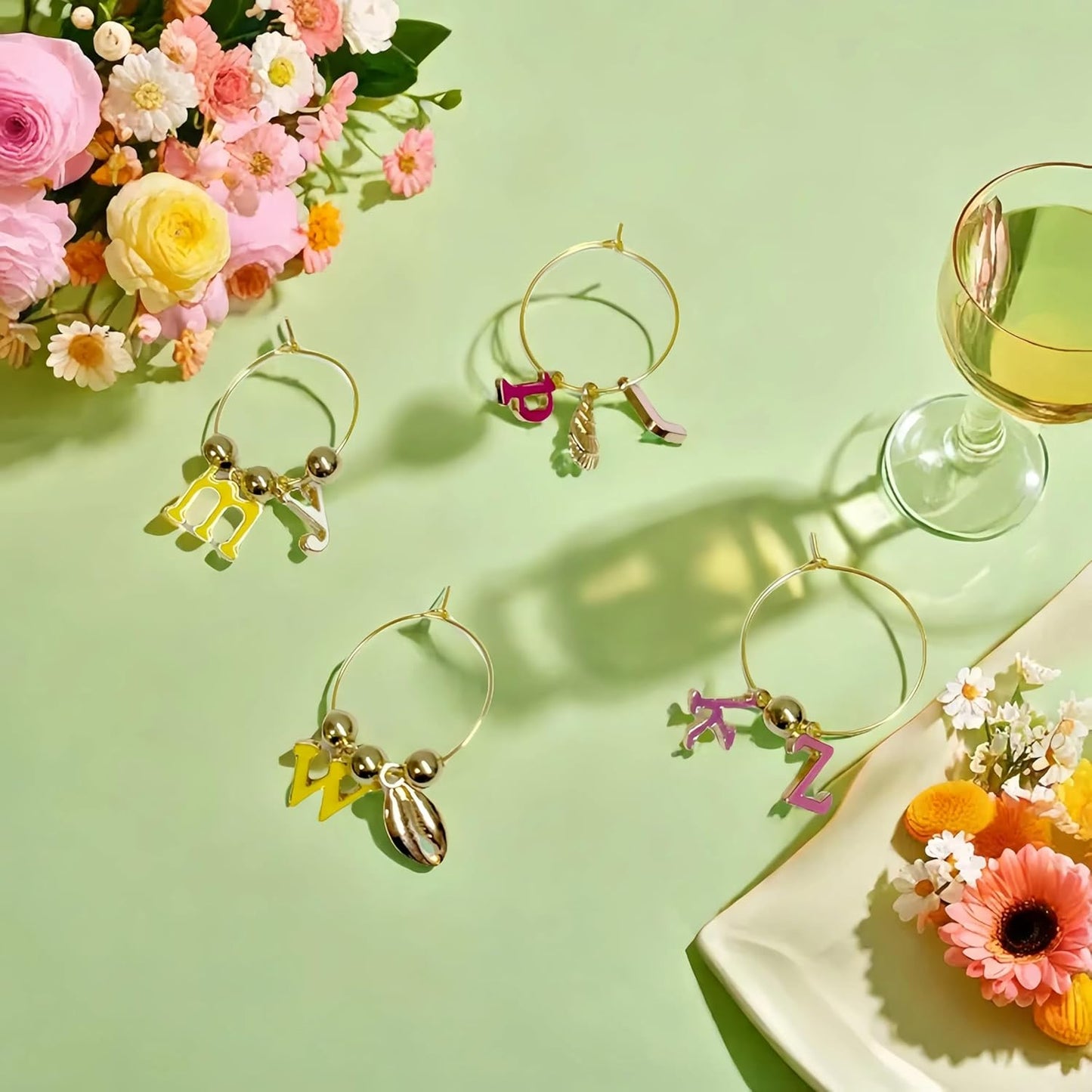 50 Sets Wine Glass Charms, Wine Charms for Stem Glasses, DIY Reusable Drink Markers for Weddings & Bachelorette with Alphabet Beads