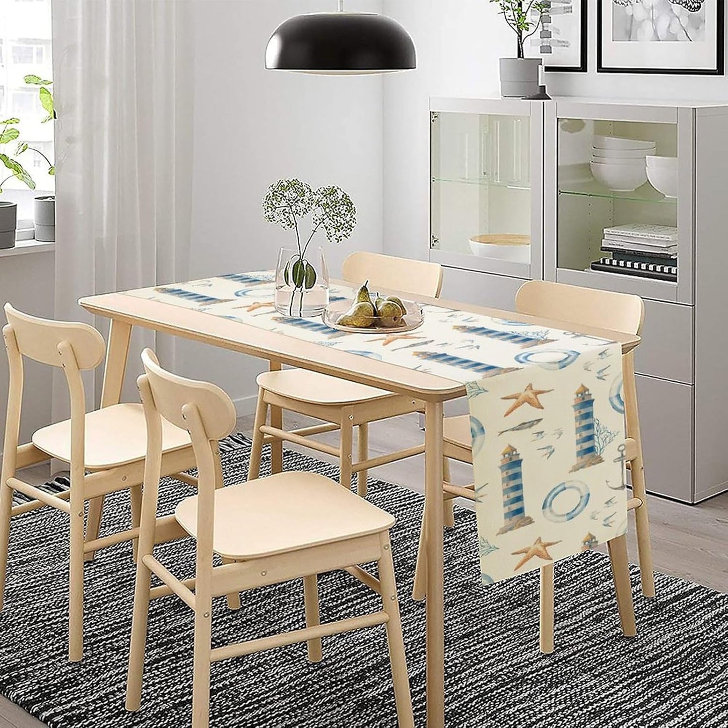 Blue Beach Table Runner, Tropical Ocean Coast Table Runner, Seashell Seasonal Nautical Restaurant Coffee Table Decorations for Home Holiday Party Indoor Outdoor 13x60 Inch