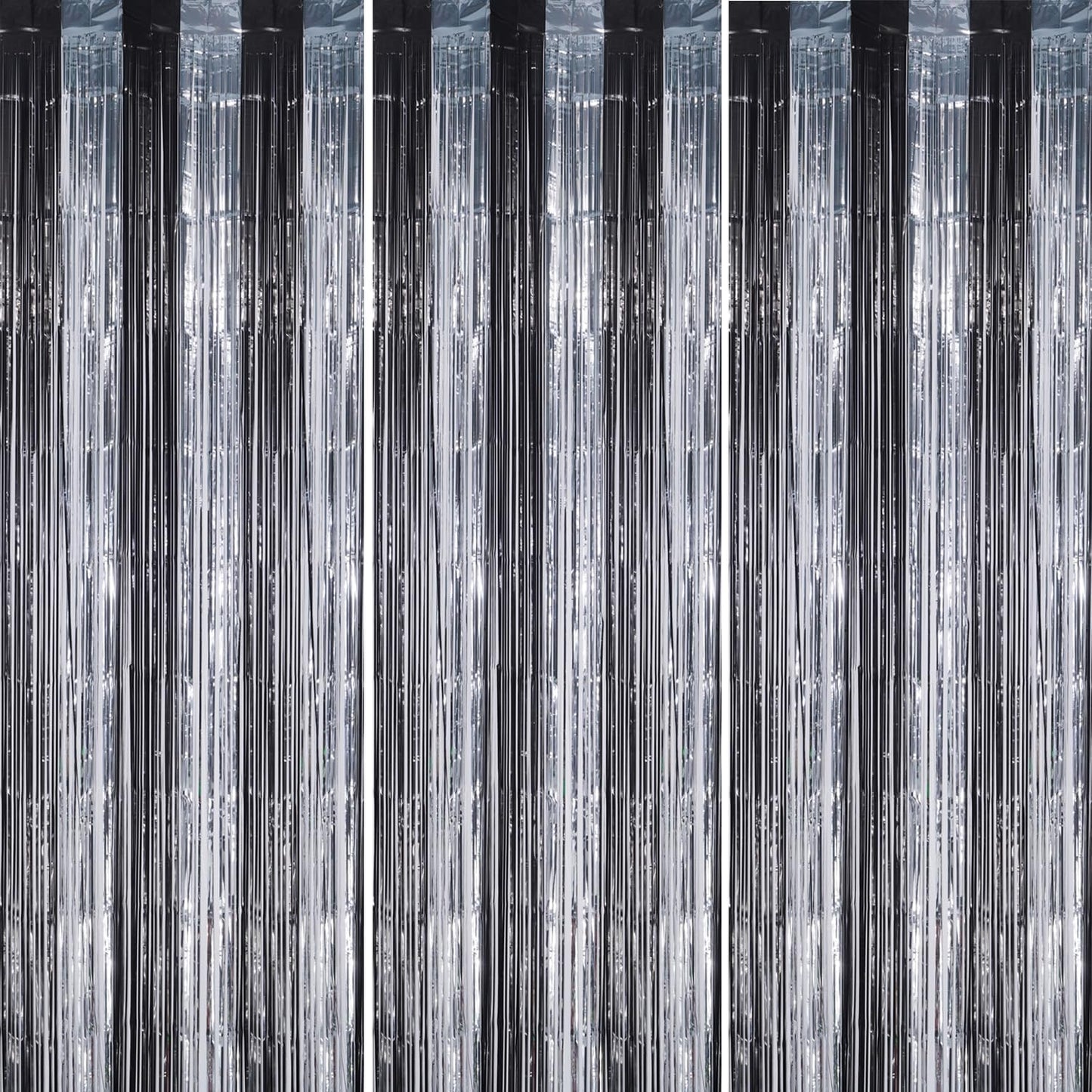 3 Pack Foil Fringe Backdrop - Black&Silver Shiny Tinsel Curtains for Party Decoration/Photo Booth Props - 3.3x8.2 FT Metallic Foil Backdrop for Birthday, Wedding, Graduation, Christmas.