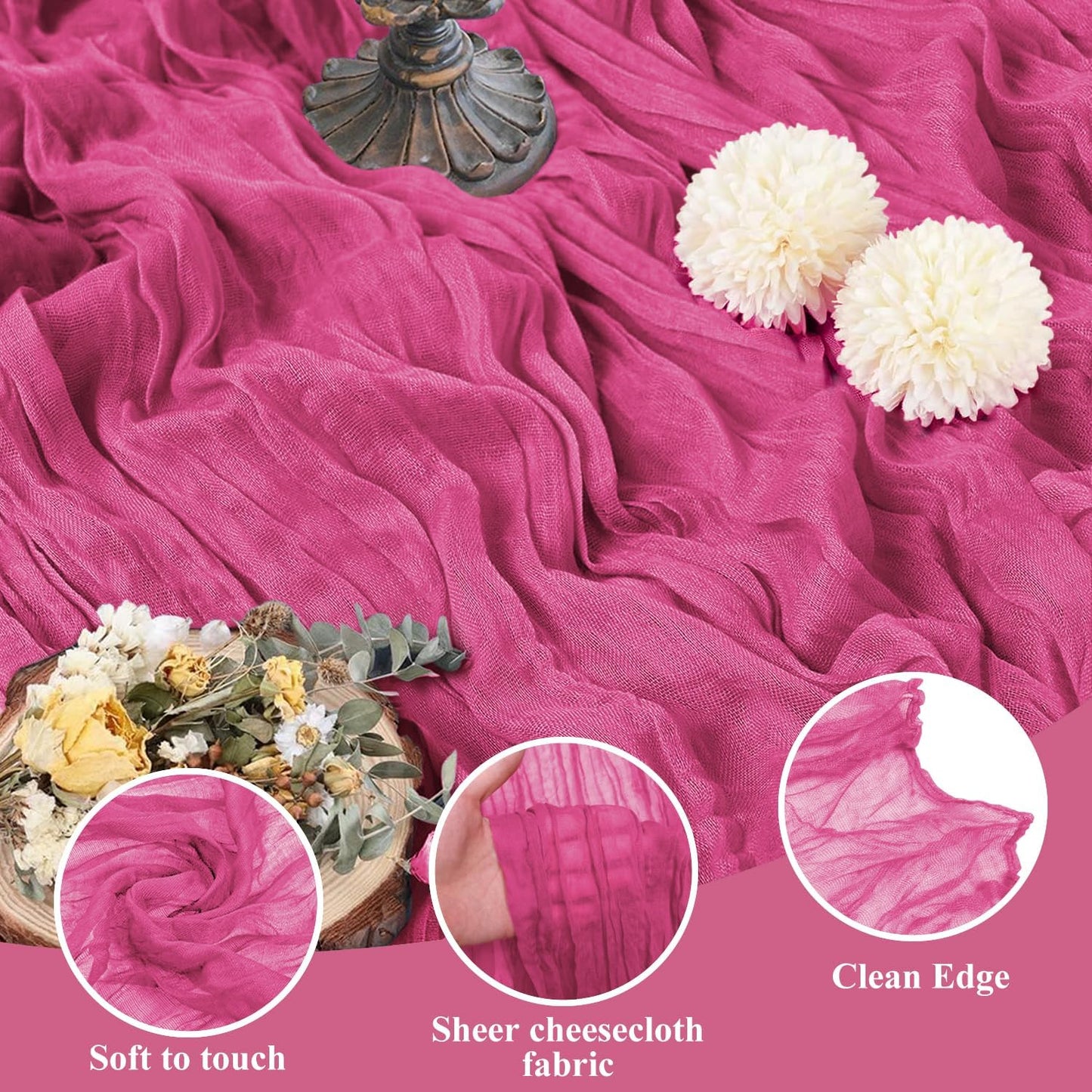 Asee'm 2pcs Cheesecloth Table Runner 120 Inches Long Deep Pink Boho Gauze Cheese Cloth Runner 10FT Rustic Sheer Table Runners for Christmas Wedding Party Baby Shower Spring Easter Decoration
