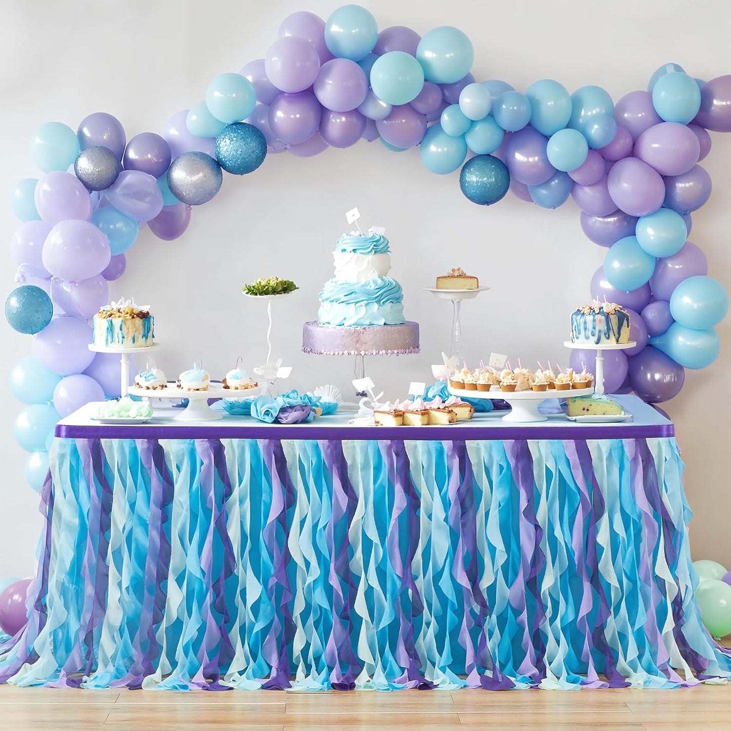 PARTISKY Mermaid Tulle Tutu Ruffle Curly Willow Table Skirt for Rectangle Table 6ft, Mermaid Themed Party Table Cloth for Girls Birthday Party or Baby Shower