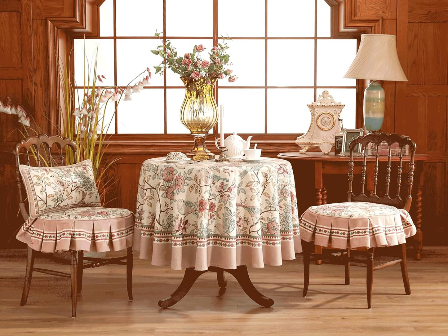 patdrea Designer Vintage Round Tablecloth,Pink Linen Table Cloth with Birds Pattern,Colorful Decoration French Table Cover for Kitchen Dining,Party,Thanksgiving,Christmas,Diameter 67"-Kulom a