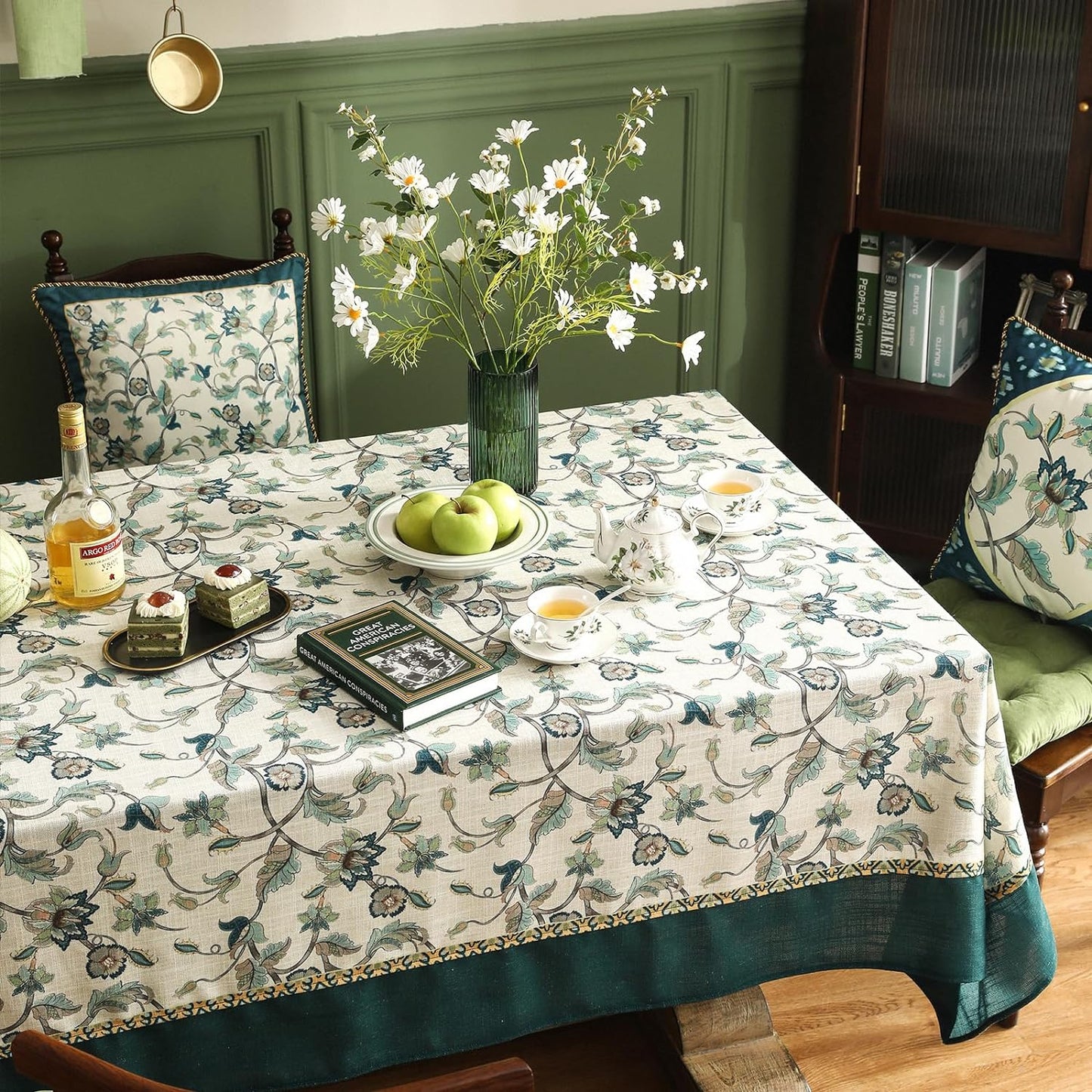 patdrea Designer Green Linen Long Table Cloth for Rectangle Table,Vintage Floral Pattern Durable Tablecloth,French Cover Decor for Kitchen Dining,Christmas,Thanksgiving,Tea Party,63"x102"-Noah