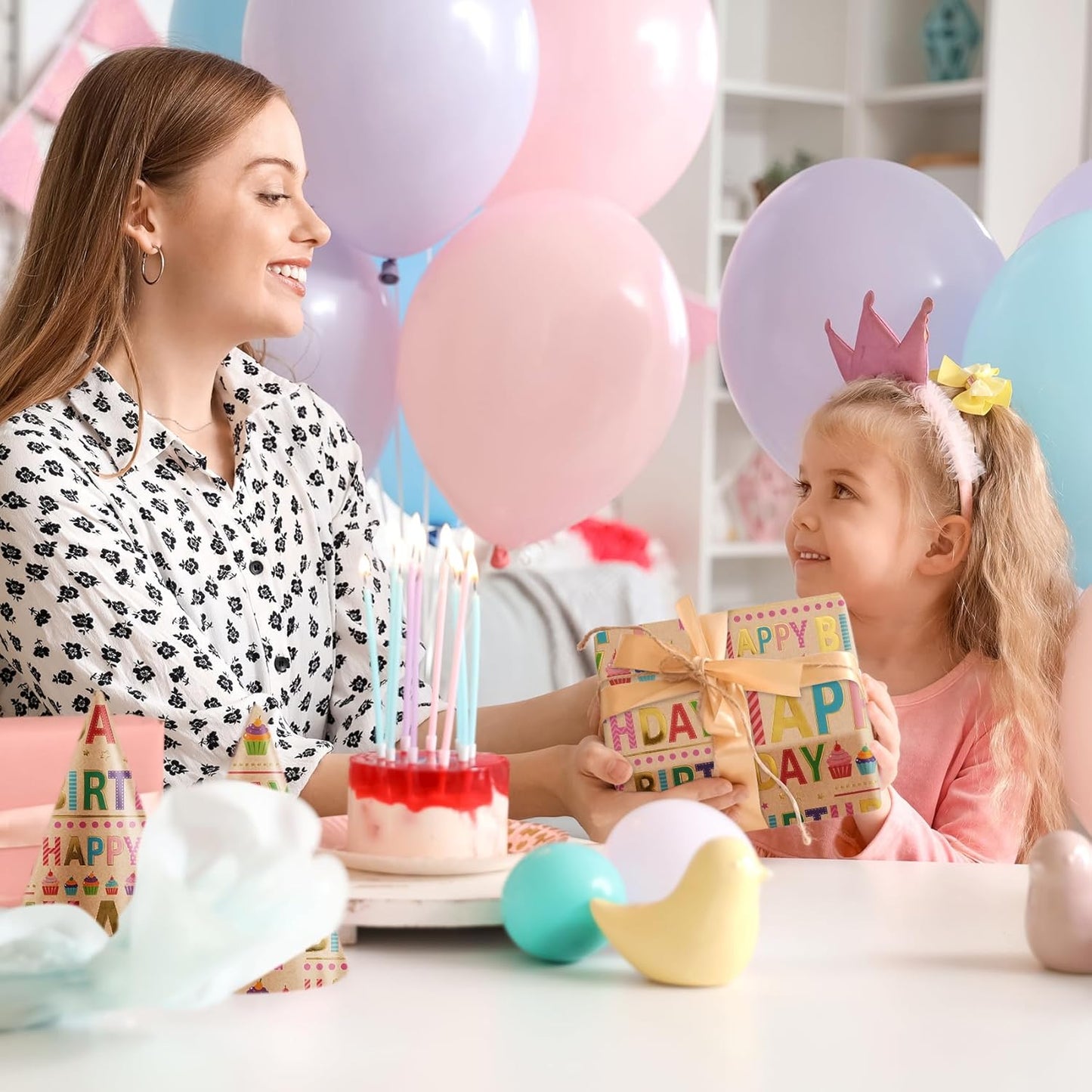 Aimyoo Colorful Birthday Wrapping Paper Roll - 17 Inch X 16.4 Feet - Gold Foil Happy Birthday Lettering & Cupcake Design Gift Wrap for Kids, Baby Showers