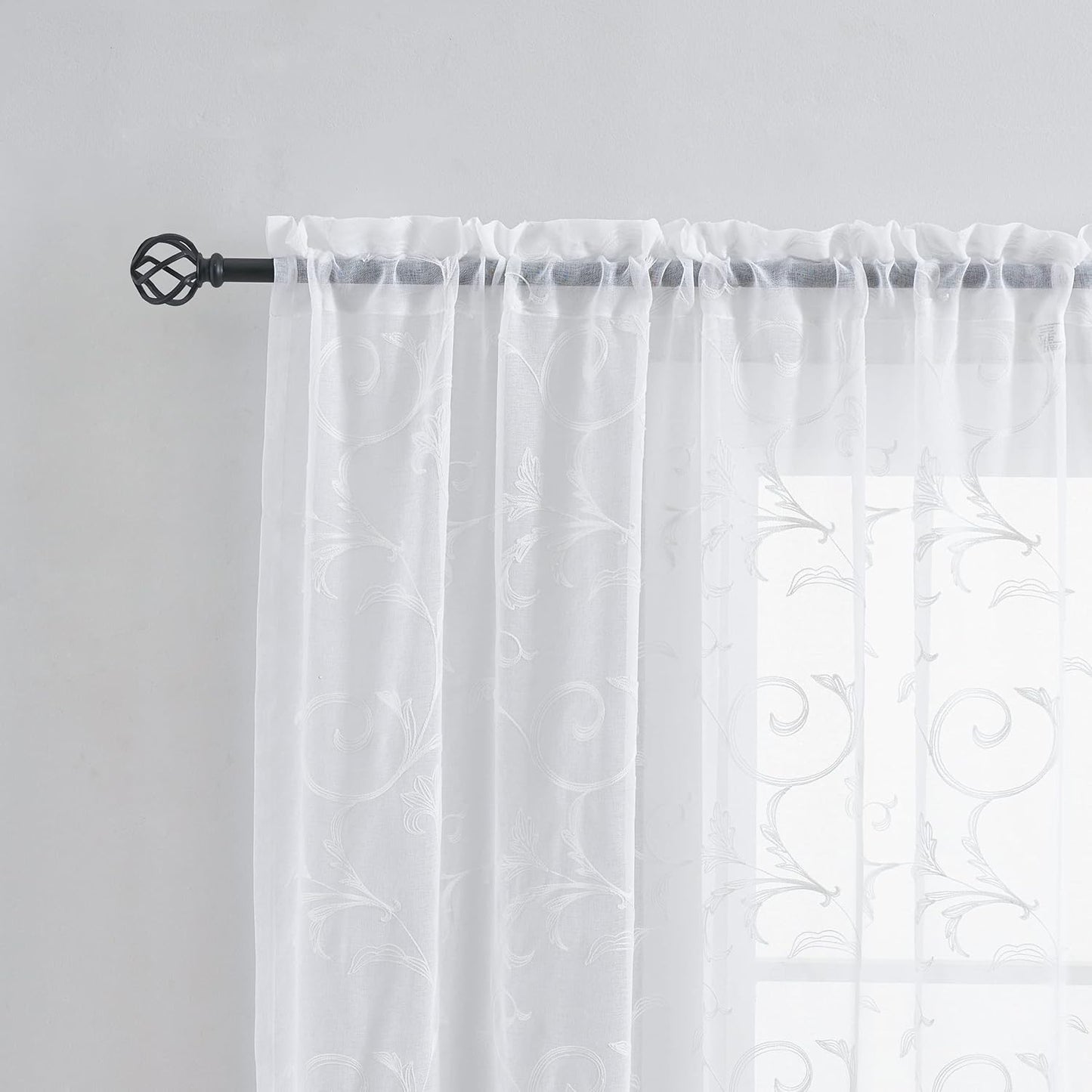 Sheer Curtains White 63 Inch Embroidered Floral, Rod Pocket Voile Drapes for Living room, Bedroom, Vintage Embroidered Semi Crinkle Curtain Panels for Yard, Patio, Villa, Parlor, Set of 2, 52"x 63".