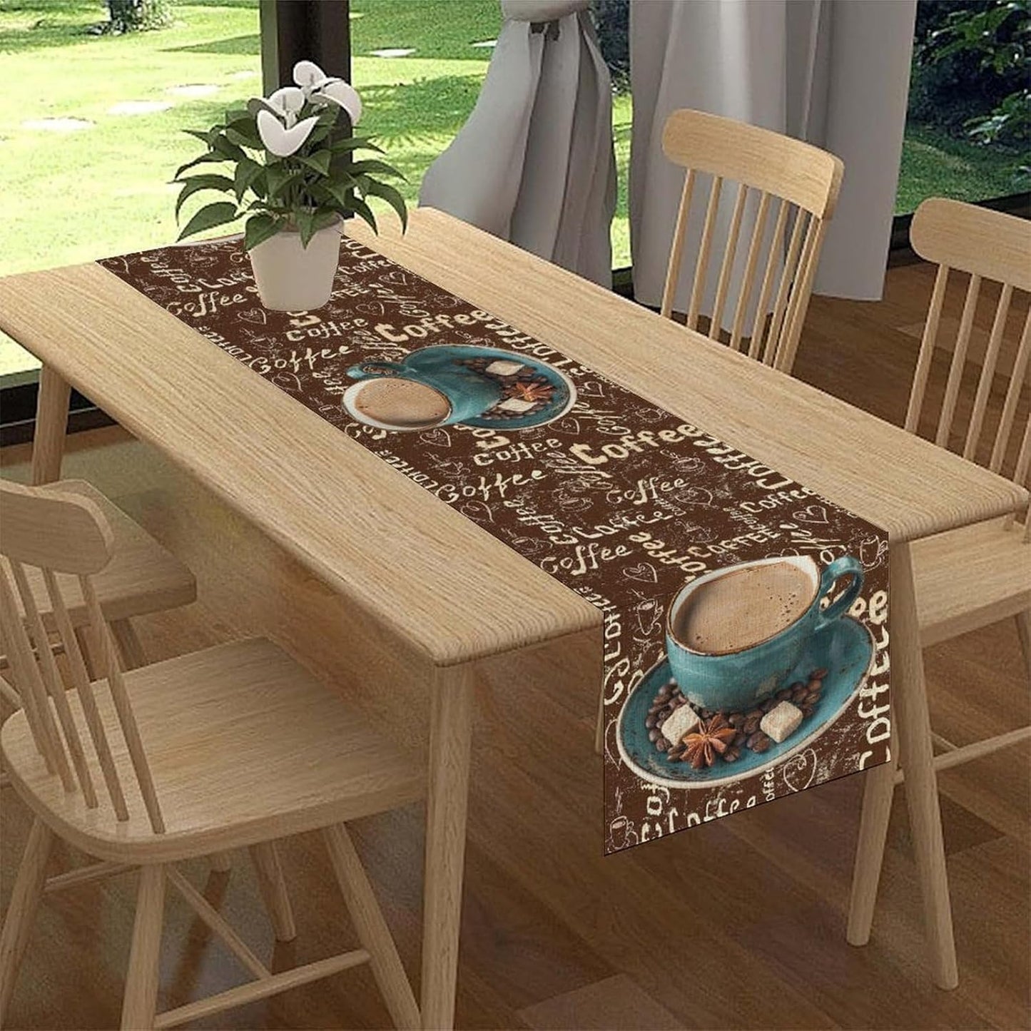 Coffee Theme Table Runner, Farmhouse Retro Brown Coffee Cup Tea Party Rustic Cafe Table Center Decor for Home Kitchen Dining Patio Holiday Party Indoor Outdoor Table Decorations,13"x36" Inch