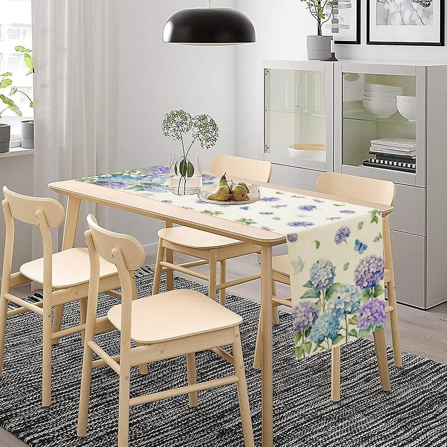 Spring Hydrangea Flower Table Runner, Seasonal Summer Plants Watercolor Florals Butterfly Dinner Runner for Home Kitchen Dining Table Party Holiday Decoration 13"x70"