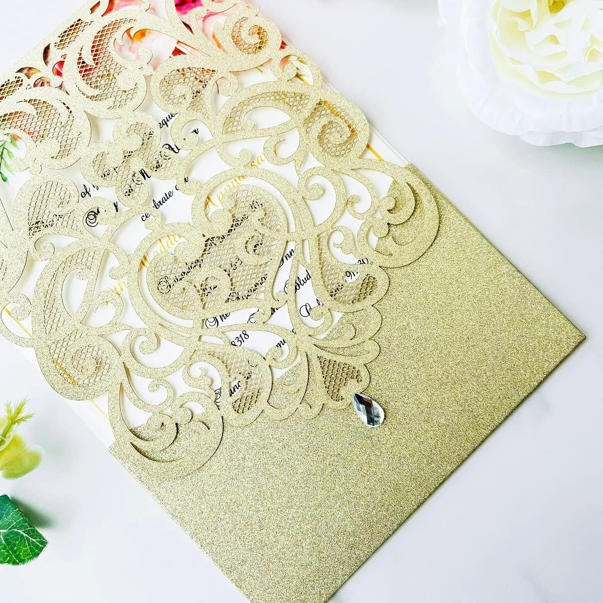 Hosmsua 50PCS Personalized Wedding Invitations Kit 5.12 x 7.3 Laser Cut Hollow Rose Rhinestone Pocket with Envelope for Wedding Quinceanera Invite (Champagne Gold Glitter)