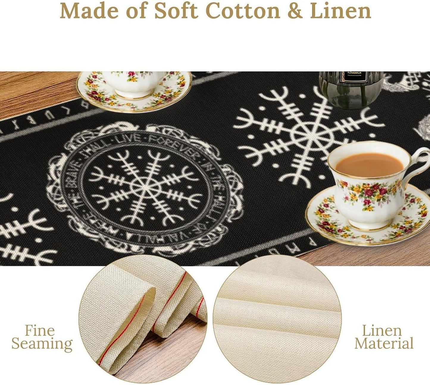 Ancient Abstract Pattern Table Runner, Tree of Life Eagle Dragon Boat Rudder Black and White Table Runner 13x108 Inch