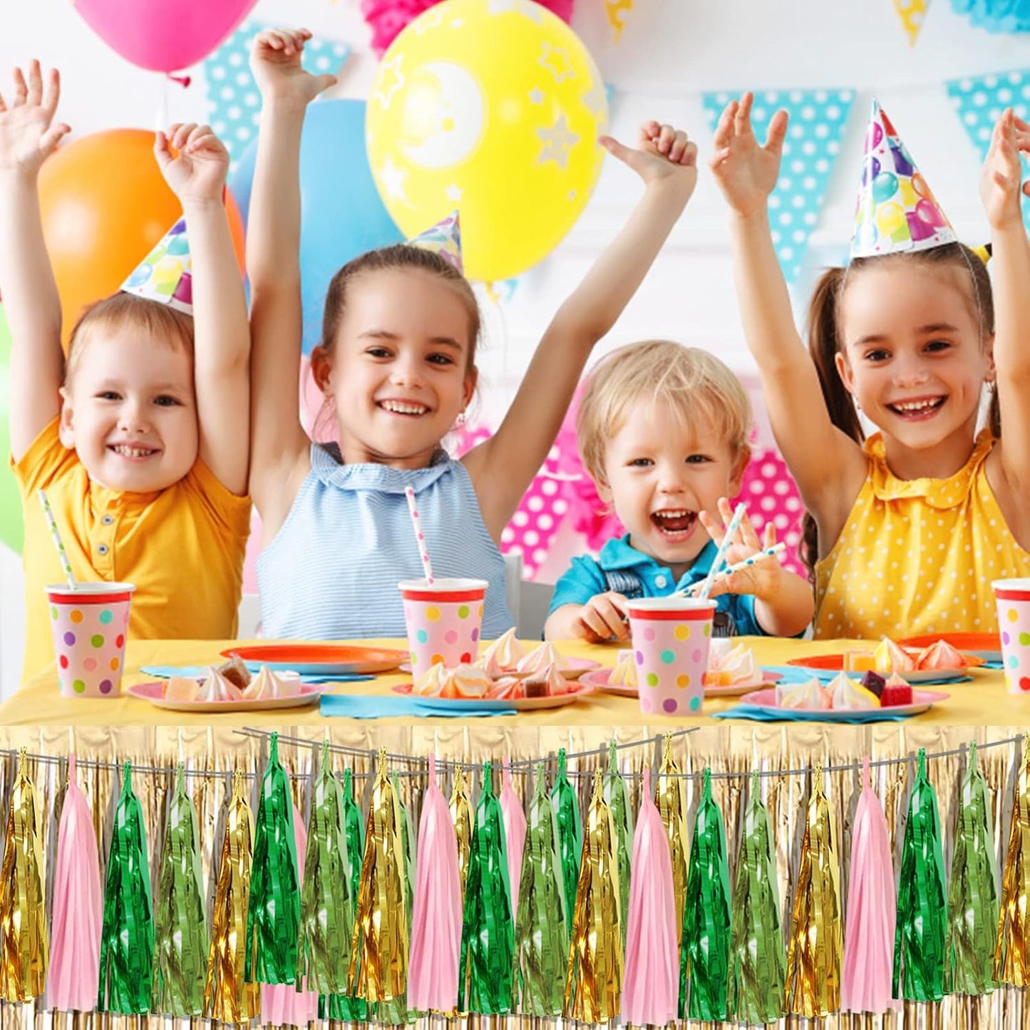 6P Sage-Green Pink-Gold Foil Fringe Metallic Tassel Garland, Tassels Banner Streamers for Parade Floats, Bachelorette, Wedding, Birthday, Graduation, Christmas, Bridal/Baby Shower Party Decorations