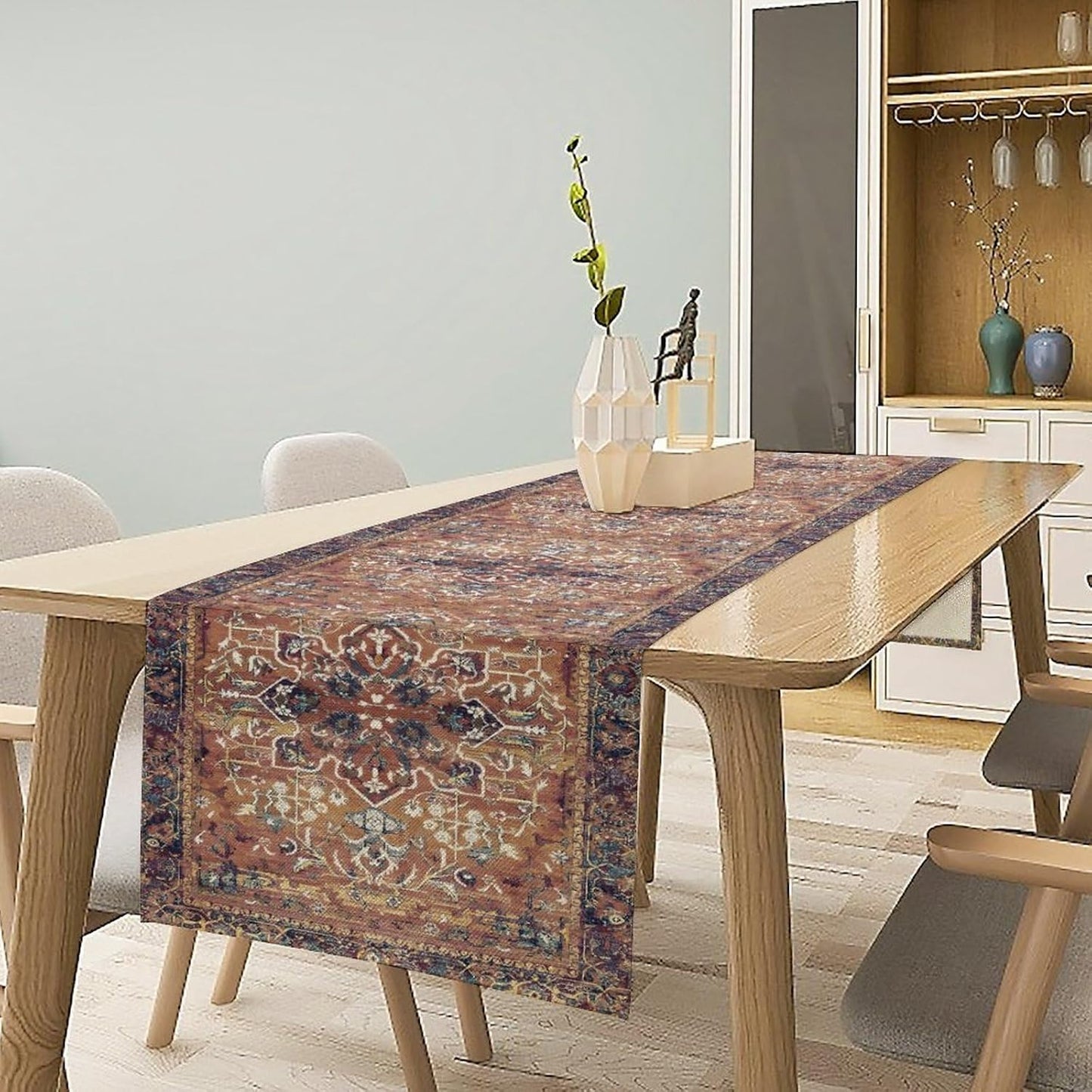 Boho Floral Vintage Table Runner, Purple Brown Retro Flower Rustic Country Farmhouse Abstract Pattern for Home Kitchen Table Decor Dining Coffee Room Party Decor 13x108in