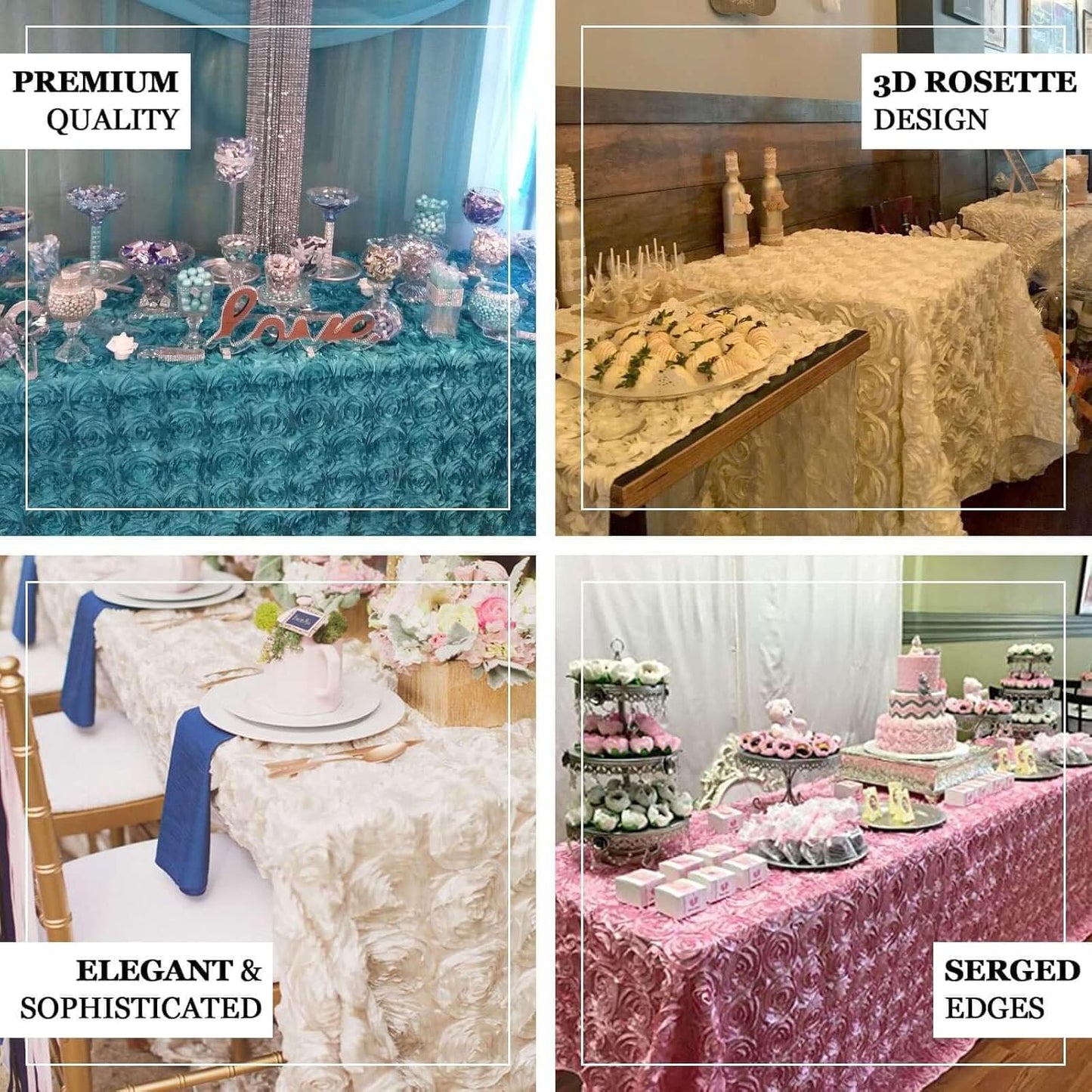 Efavormart 90"x156" Wholesale Rectangle Table Cover Blush Grandiose Rosette 3D Satin Tablecloth for Wedding Party Event Decoration