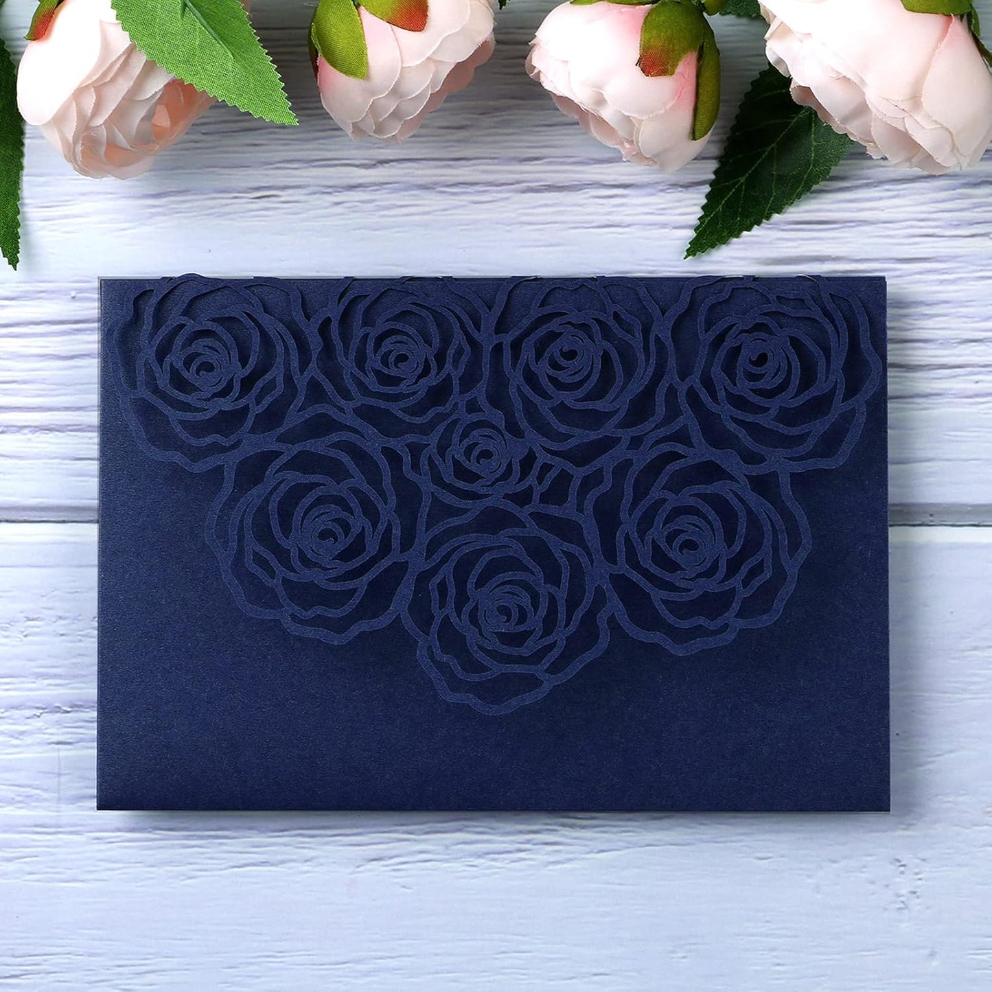20 Pcs Laser Cut Wedding Invitations Card Pocket with Envelope for Birthday Party Baby or Bride Shower Invite suitable for 5 * 7 Inches Insert Paper (Dark Blue)