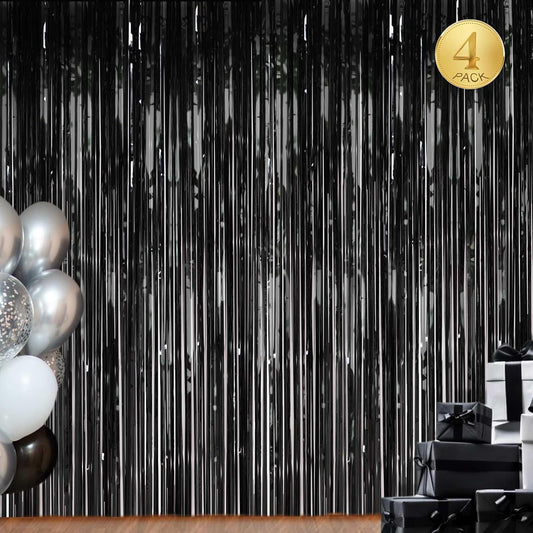 4Pack Black Foil Fringe Curtains Black Streamers Backdrop for Party Decorations, Wedding, Graduation, Halloween, Birthday, Photo Booth Props