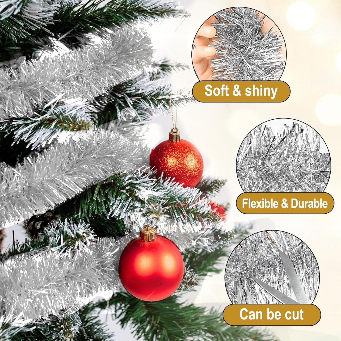 25 Feet Silver Christmas Tinsel Garland, Metallic Foil Twist Garland Wall Hanging Tinsel Banner Backdrop for Parade Floats, Easter, Mother's Day, Birthday Party Decorations (4in x 25ft)