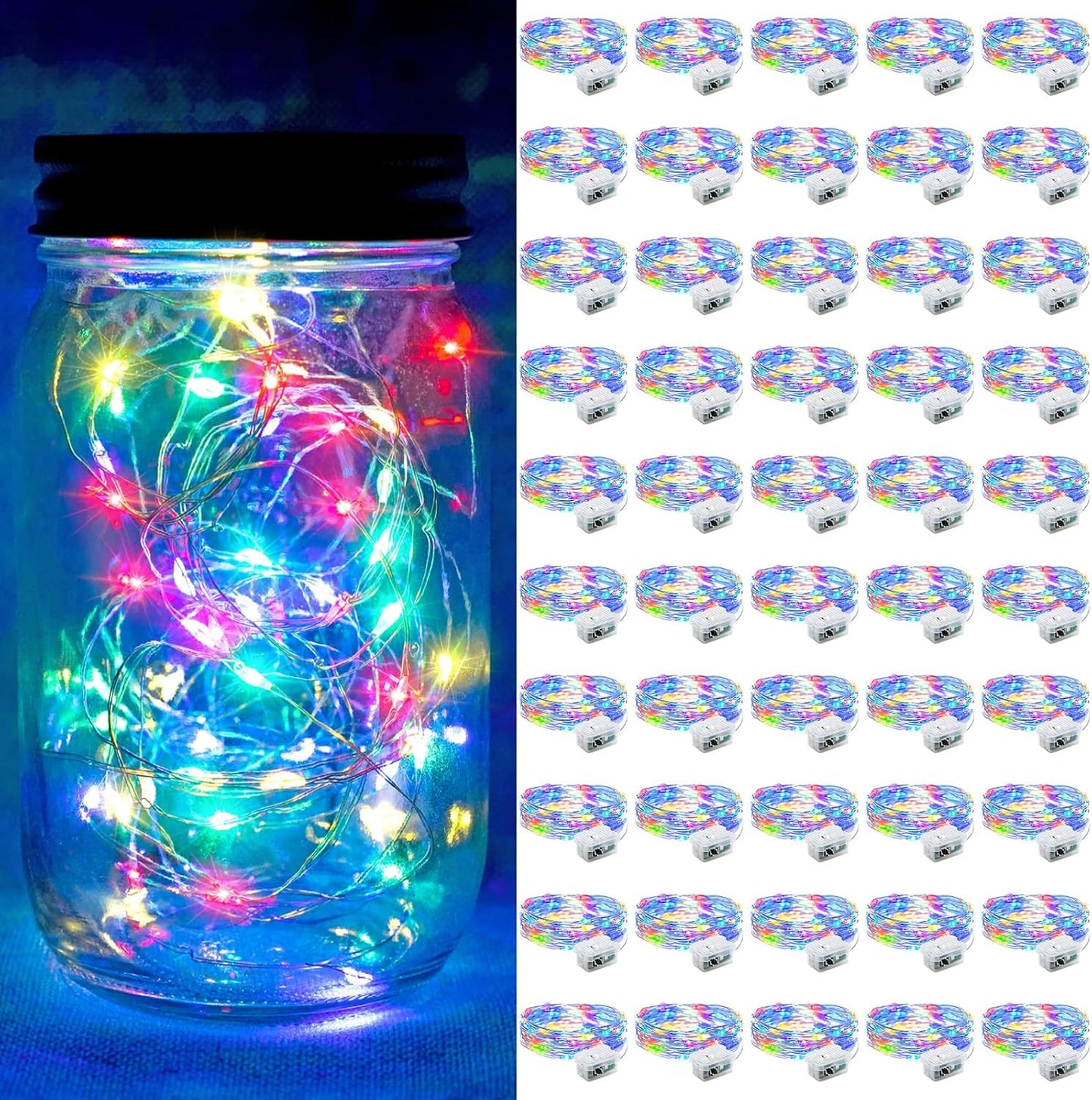 50 Pack Fairy Lights 7Ft 20 LED Twinkle String Lights 3 Modes Battery Operated Waterproof Firefly Starry for Mason Jar Party Wedding Christmas Valentines Day Table Centerpieces,Multicolor