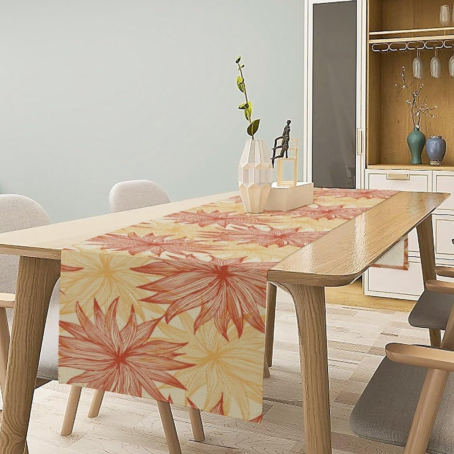 Autumn Chrysanthemum Table Runner, Vintage Modern Geometric Floral Boho Table Runner for Kitchen Dining Bedroom Living Room Table Decor for Indoor Outdoor Home Party, 13x108 Inch