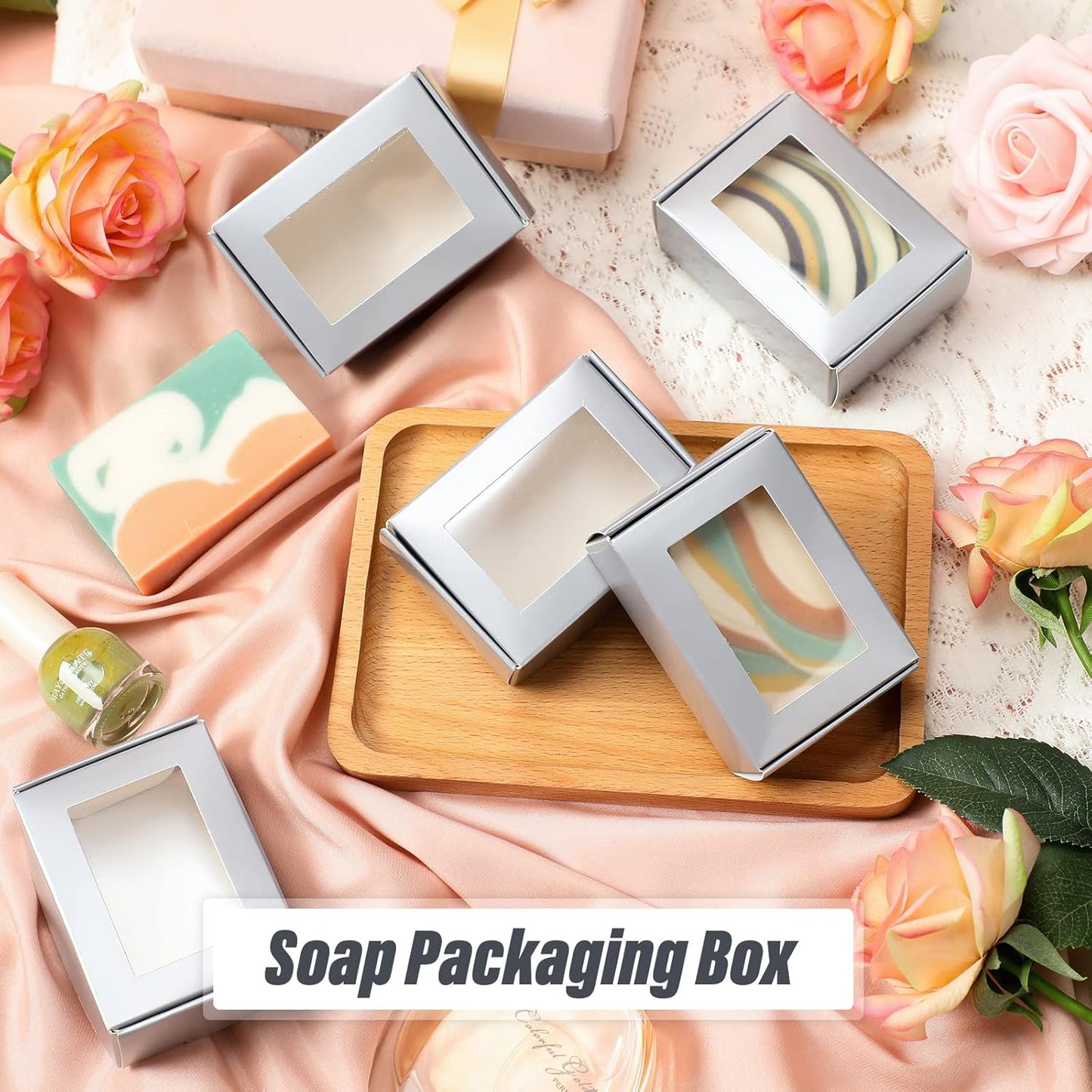 Zonon 30 Pcs Soap Boxes for Homemade Packaging, Mini Kraft Treat Boxes with Window for Bakery Candy Soap Making Gift Packaging(3.5 x 2.4 x 1.2 Inch,Silver)