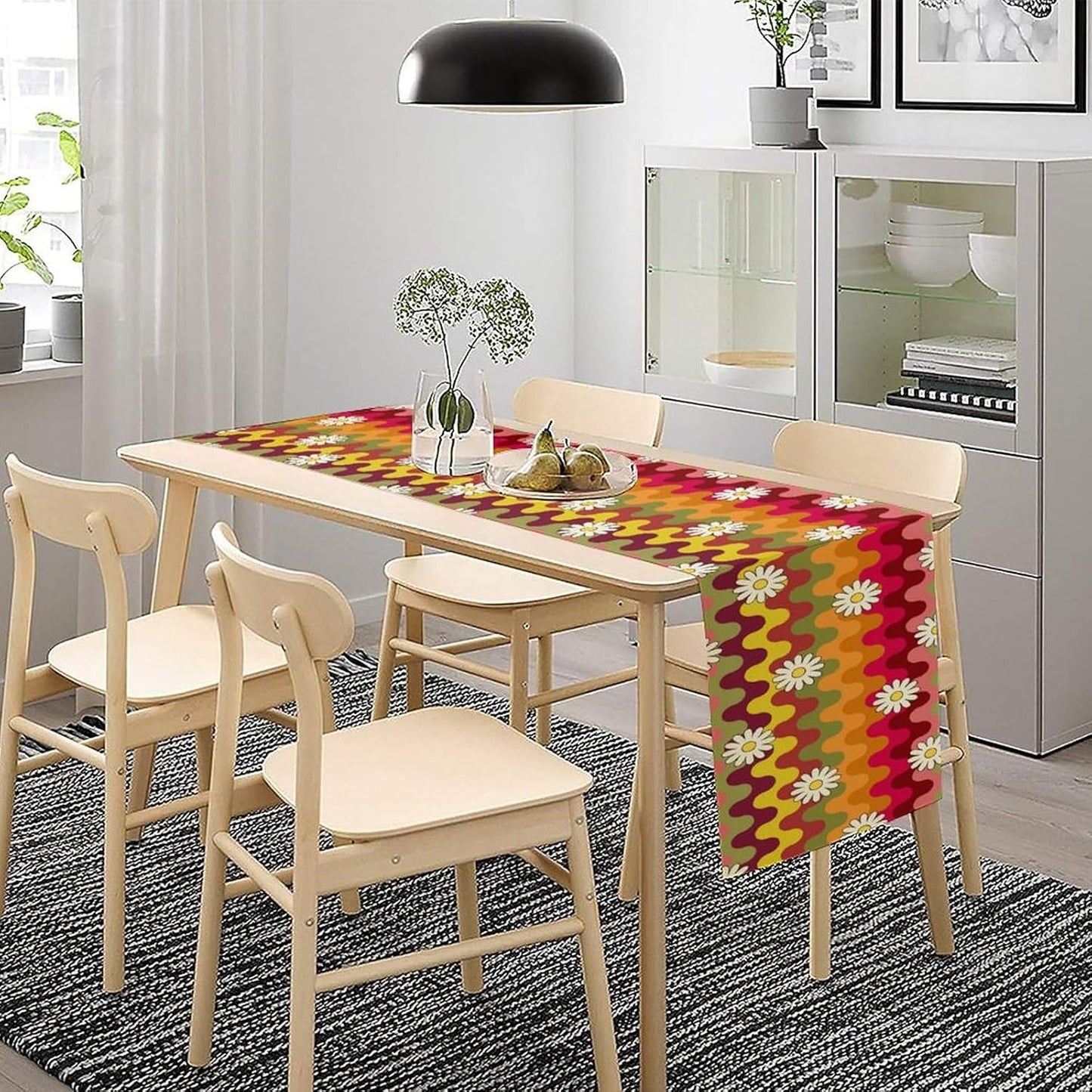 Vintage Floral Table Runner,60s 70s Colorful Retro Abstract Hippie Print Table Runner for Kitchen Dining Table Home Party Decoration 13x60 Inch