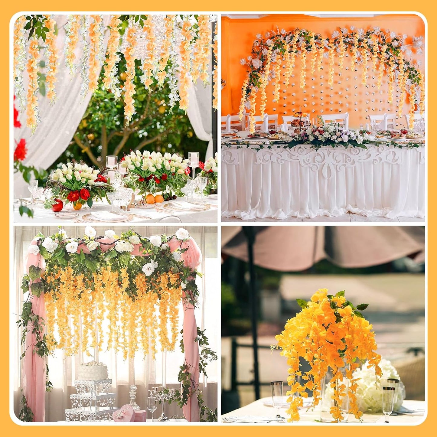 12 Pack Orange Wisteria Hanging Flowers Garland, 3.77 Feet Artificial Flower Vines, Fake Wisteria, Artificial Vines Hanging Garland for Backdrop Outdoor Yard Garden Decor