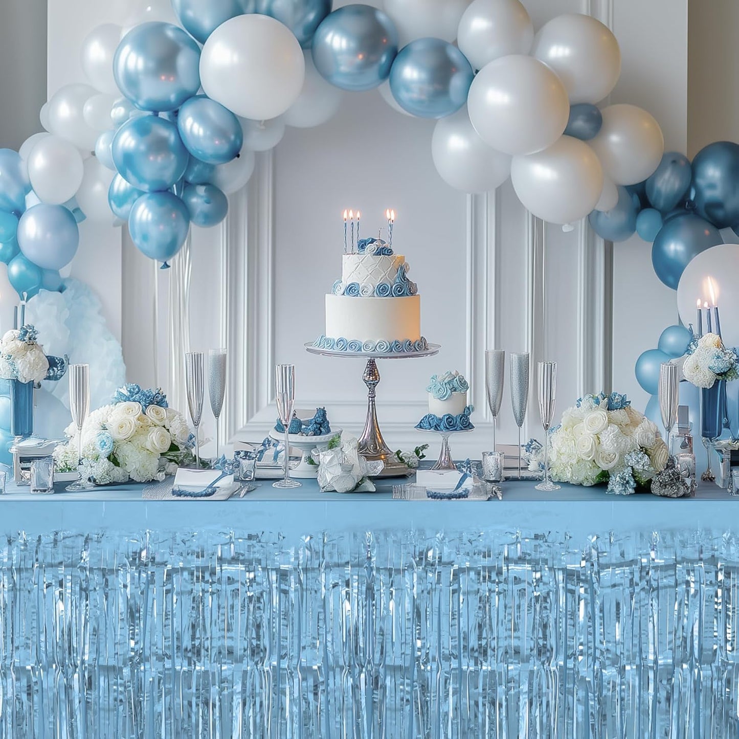4 Pack Light Blue Table Skirts, 29x108" Metallic Foil Tinsel Fringe Table Skirts for Rectangle Tables Streamer Curtains Backdrop, Party Decorations for Birthdays Weddings Holidays