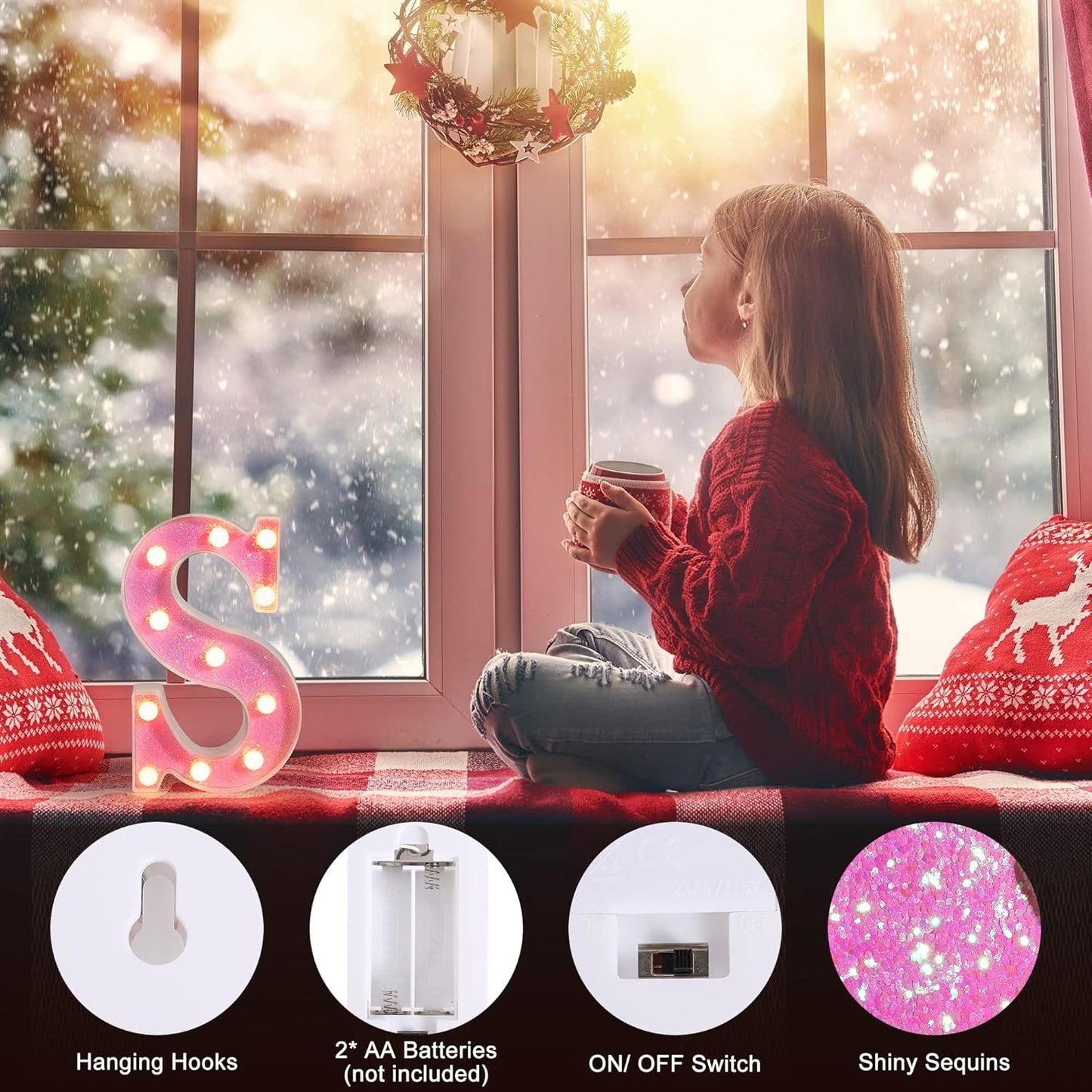 Foaky Pink Light up Letters，Pink Party Decorations,Girls Room Decor,Glitter Light Up Letters,Alphabet Letter Sign for Night Light Birthday Party Girls Gifts, Home Bar Decoration（I）