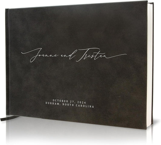 MUUJEE Personalized Guestbook in Charcoal - Premium Custom Modern Guest Book for Wedding Reception, Birthday Party or Events w/Bookmark Blank Pages for Signing 11.5 x 8.5 inches