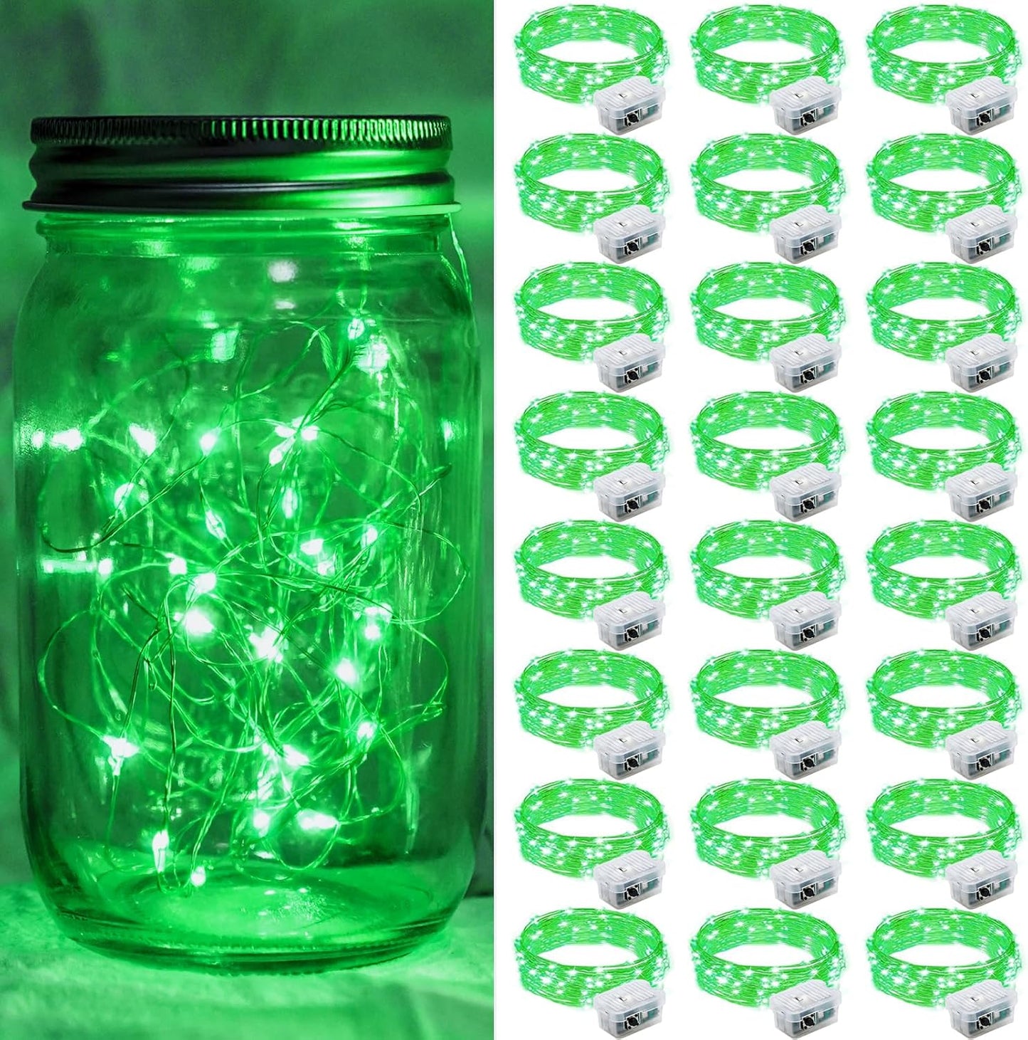 24 Pack Green Fairy Lights 7Ft 20 LED Twinkle String Lights 3 Modes Battery Operated Waterproof Firefly Starry for Mason Jar Party Wedding Christmas Valentines Day Table Centerpieces