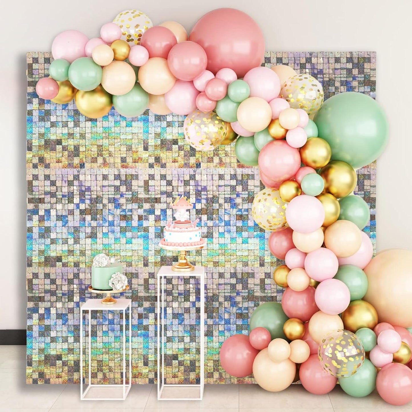 12PCS Silver Shimmer Wall Backdrop, Laser Square Sequin Photo Backdrops Panel, Glitter Wall Background for Birthdays, Weddings, Christmas, Engagements, Disco Bachelorette Party Decoration (3FTx4FT)