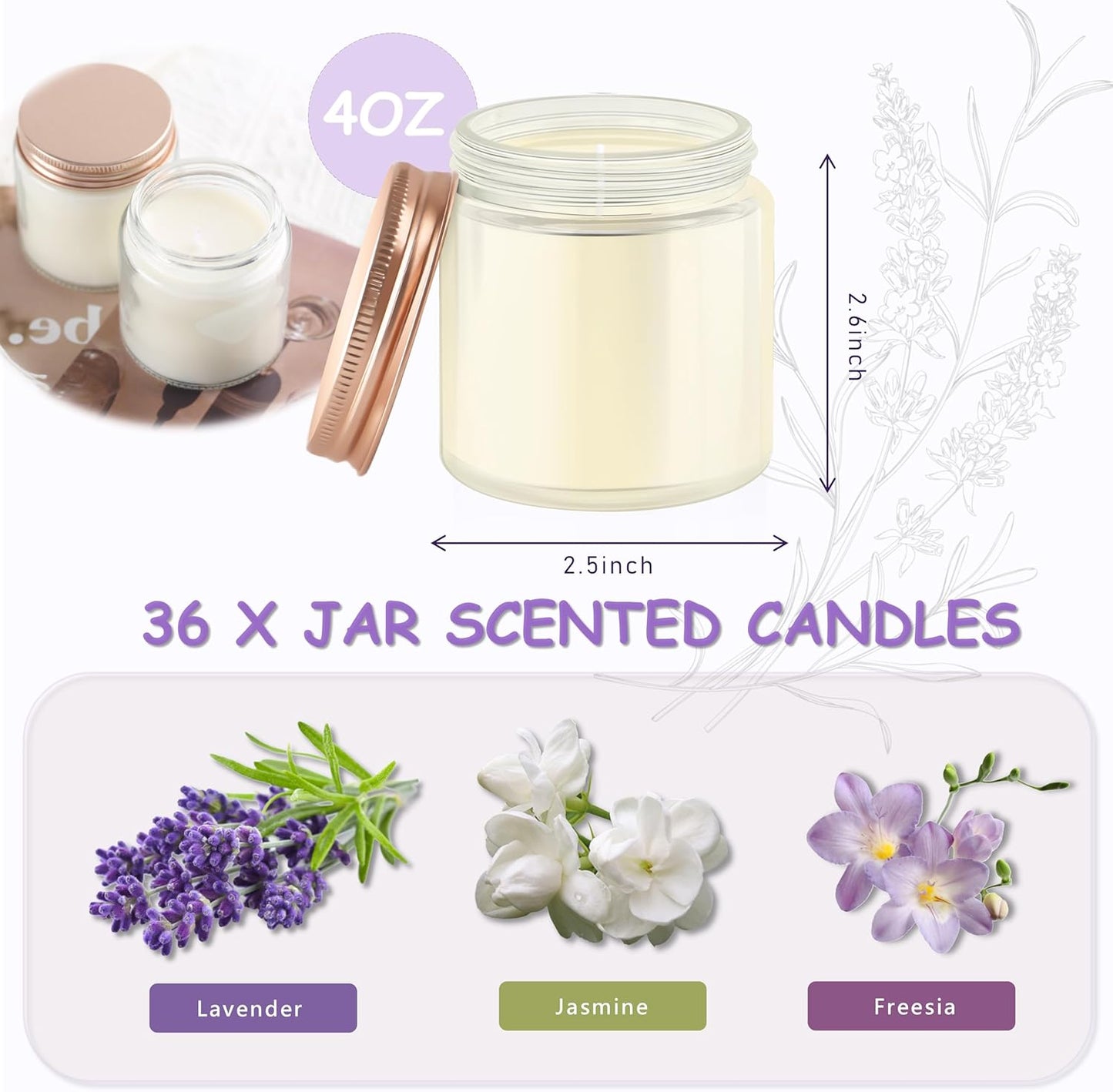 ACITHGL 36 Pcs 4oz Mini Mason Jar Candles Small Scented Candles Bulk Aromatherapy Ideal Souvenir Favors for Wedding Birthday Party (Freesia, Lavender, Jasmine, Pink)