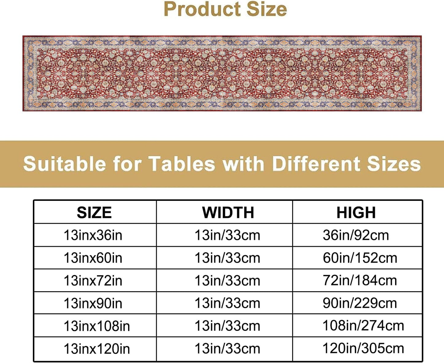 Boho Bohemia Style Table Runner, Vintage Red Blue Retro Flower Rustic Country Style Floral Print Pattern for Home Kitchen Table Decor Dining Coffee Room Garden Party Decor 13x108in