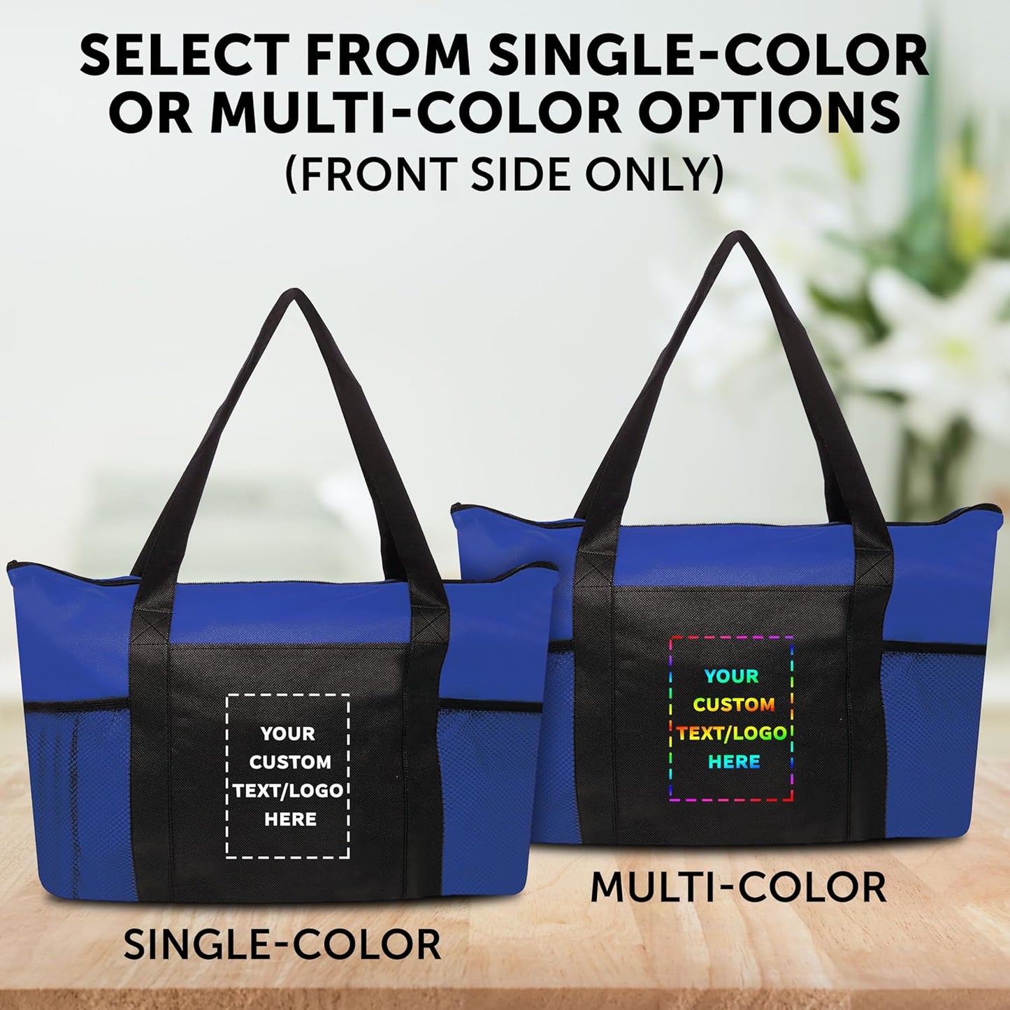 DISCOUNT PROMOS 100 Zippered Non-Woven Tote Bags Set - Customizable Text, Logo - Mesh Pocket, Zippered, Recyclable, Reusable - Blue - 19"X14"X3", with Zipper