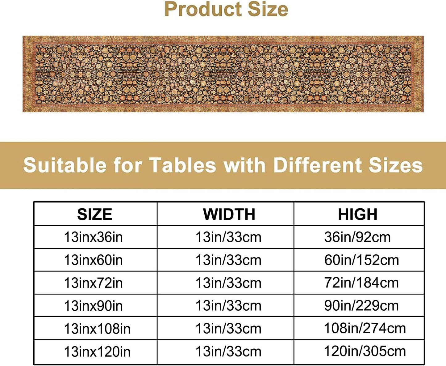 Vintage Boho Floral Table Runner, Rustic Country Farmhouse Orange Yellow Black Retro Flower Pattern for Home Kitchen Table Decor Dining Coffee Room Party Decor 13x72in