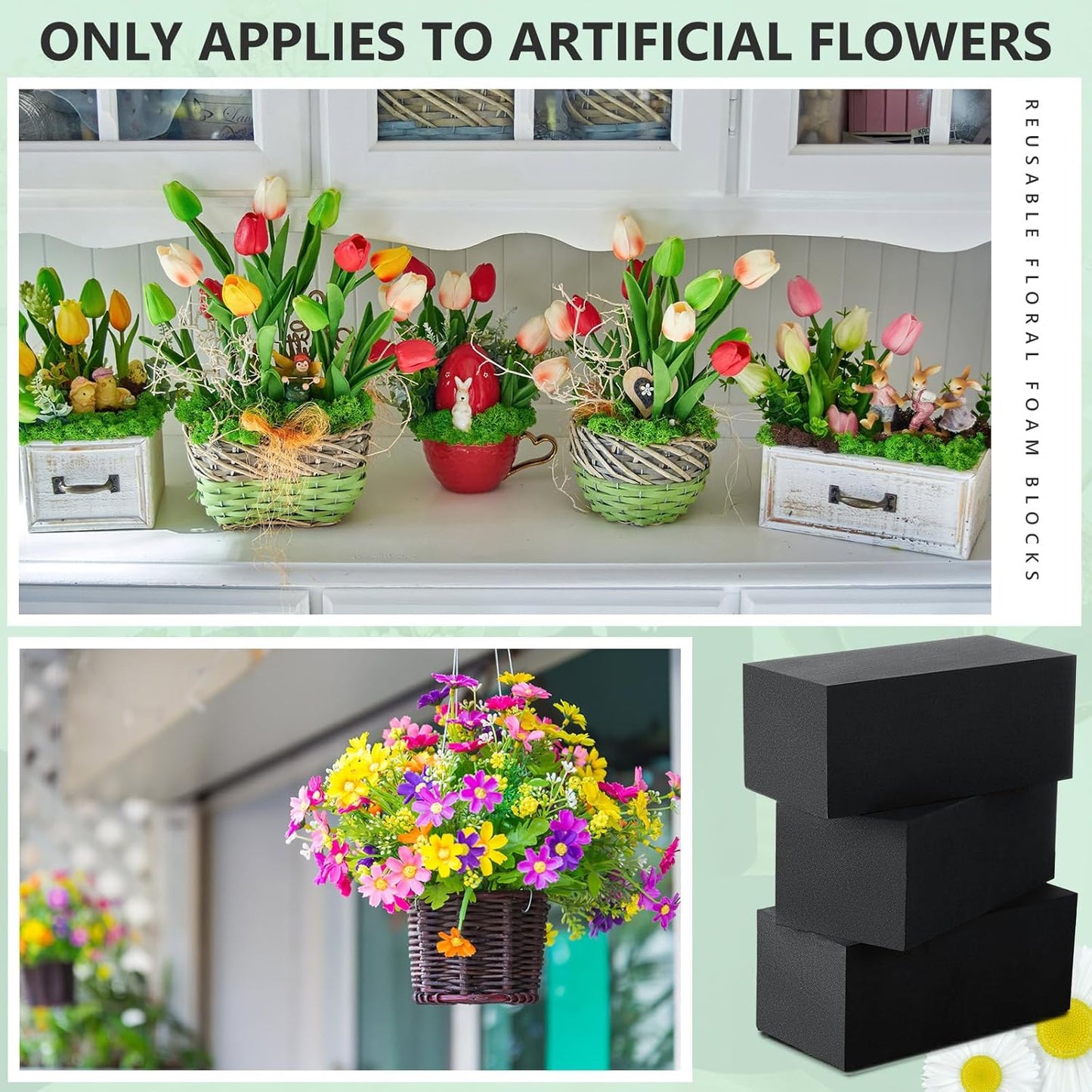 Lallisa 16 Pcs Reusable Floral Foam Blocks Water Weather Resistant Dry Floral Foam for Artificial Flower Arrangements Outdoor Flower Boxes Outside Hanging Planters Wedding Home Decor (9 x 3 x 3")